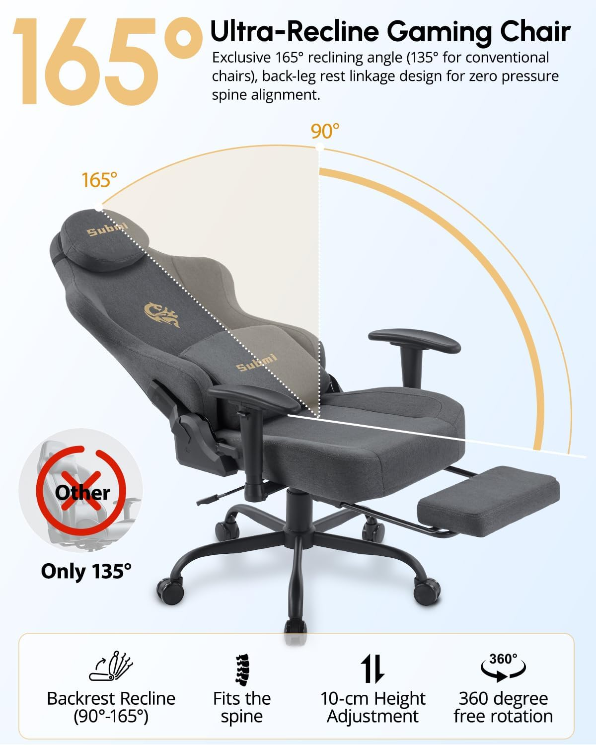 Gaming Chair, Computer Chair for Adults, Ergonomic Office Chair, Big Tall Desk Chair with Footrest and Lumbar Support, Fabric, High Back PC Gamer Chair, 165&deg;Recliner, 150KG, Teens, Deep Grey - Deep Grey image number 2