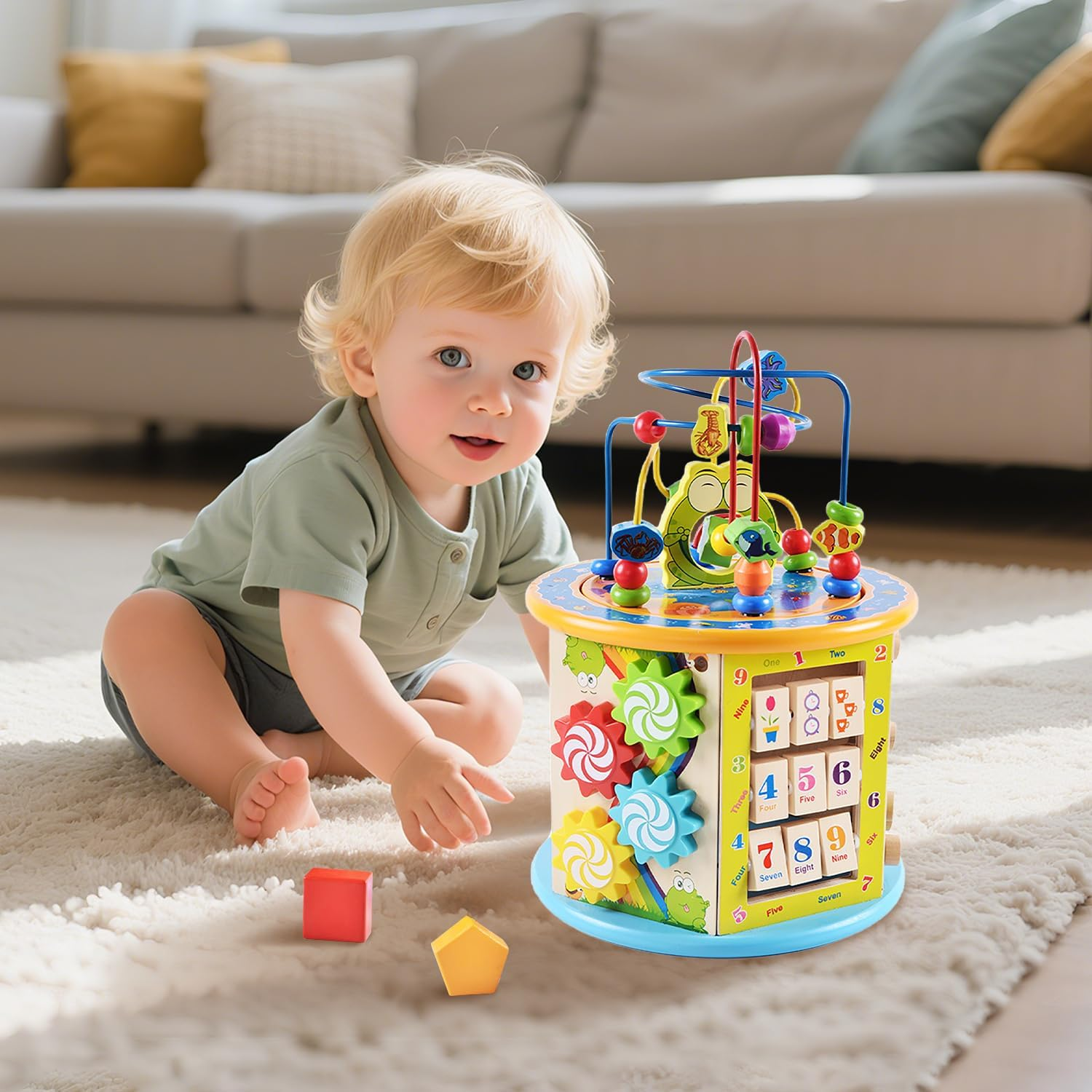 Uandhome Wooden Activity Cube for Toddlers 3,Montessori Early Educational Early Educational Learning Music,8 in 1 Electronic Shape Sorter, Montessori Toys,Bead Maze for Kids Toddler Infant First Gifts