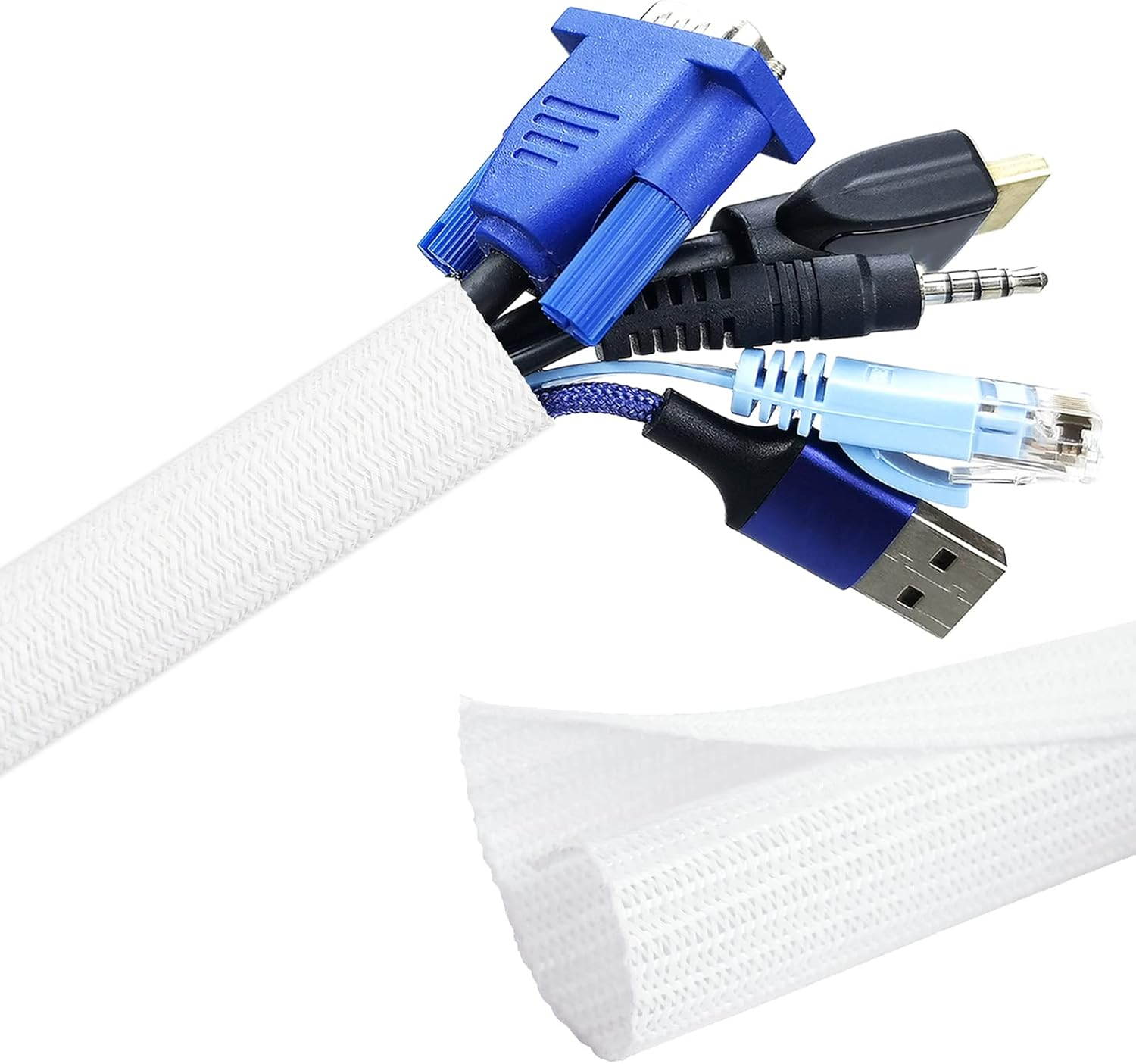 SONATURE Cable Management, 10Ft - 2/3 Inch Wire Loom, Self-Wrap Cable Organiser, Braided Cable Sleeve with 14 Reusable Cable Ties Included, Cord Organiser for Tv/Audio/Pc/Automobile at Home/Office