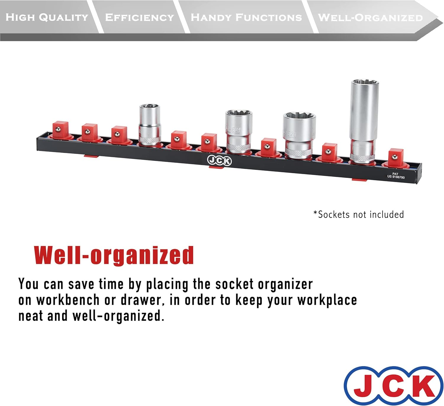 JCK Professional Quality Aluminum Single Rail Socket Organizer (Line-Strip Series) with 360 Degree Rotary Studs Black & Orange & Blue for Metric/Imperial 1/2" Sockets Storage image number 1