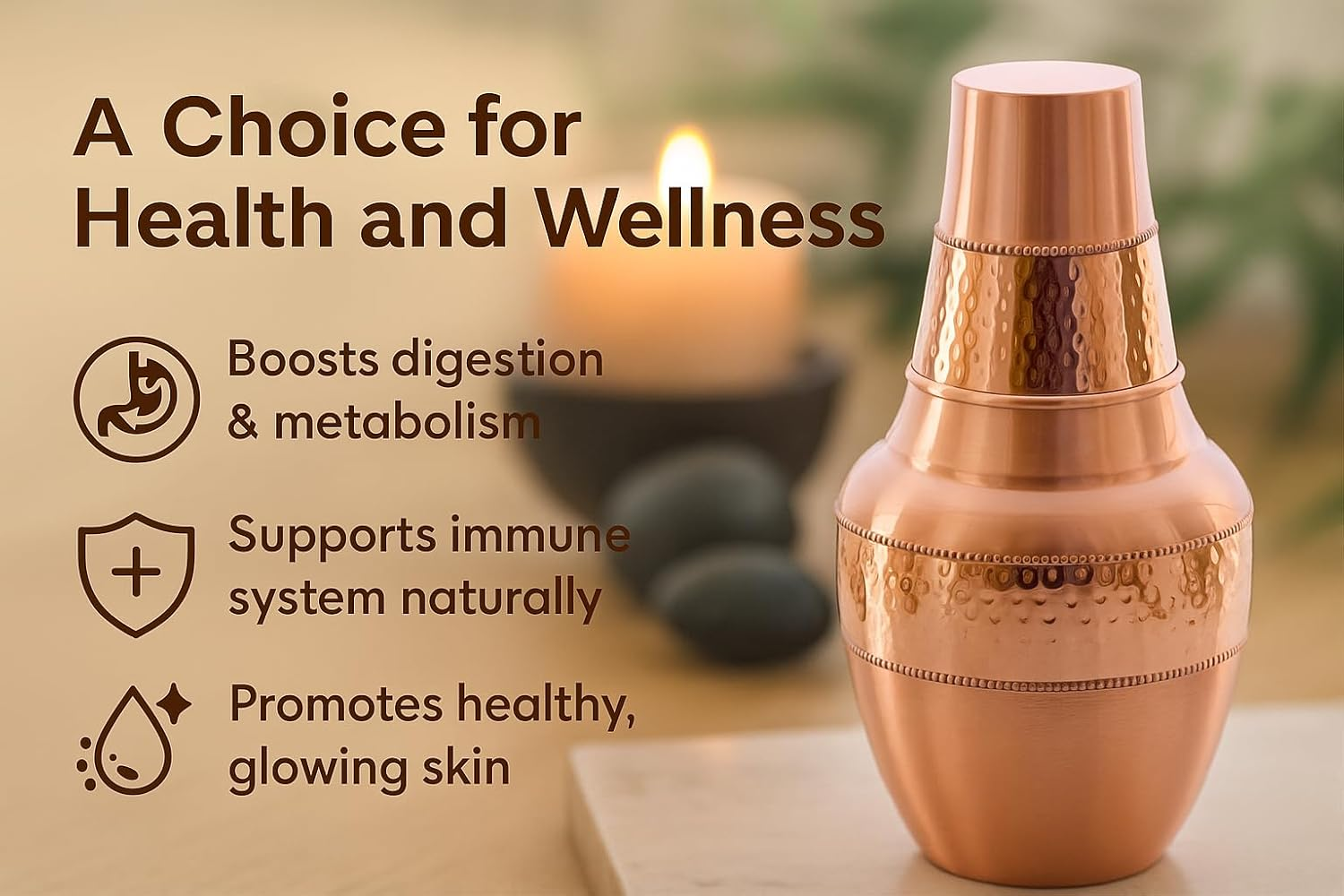 Pure Copper Bedside Carafes, Flask with Tumbler for Ayurveda Health Benefits - Capacity - 1.4 Lt (47.3 US Fluid Ounce) image number 3