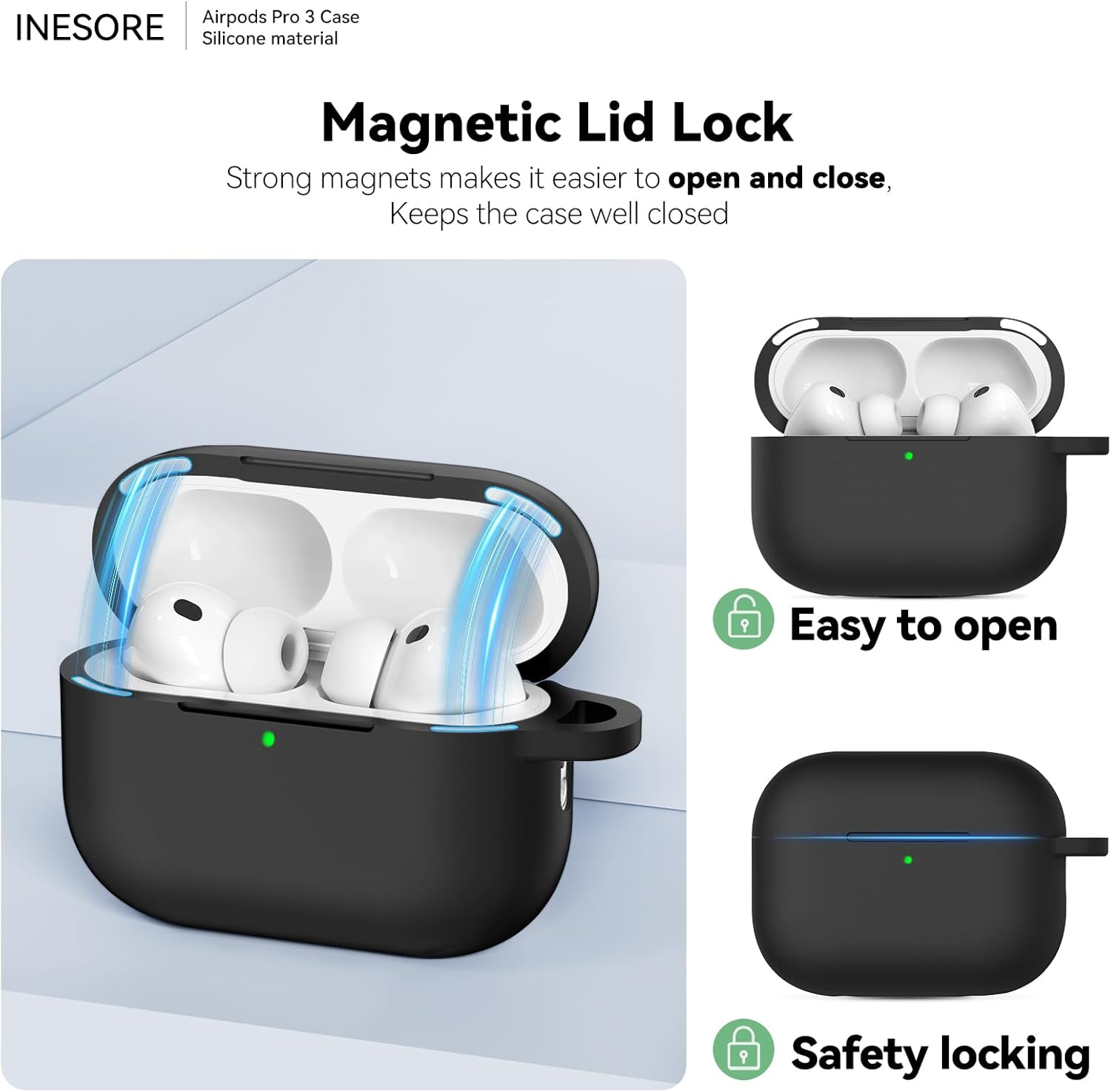 Inesore for Airpods Pro 3 Case Cover (2025) with Magnetic Lid Lock, Soft Silicone Case Compatible with Airpods Pro 3Nd Generation, Accessories with Cleaning Kit and Keychain -Black image number 7