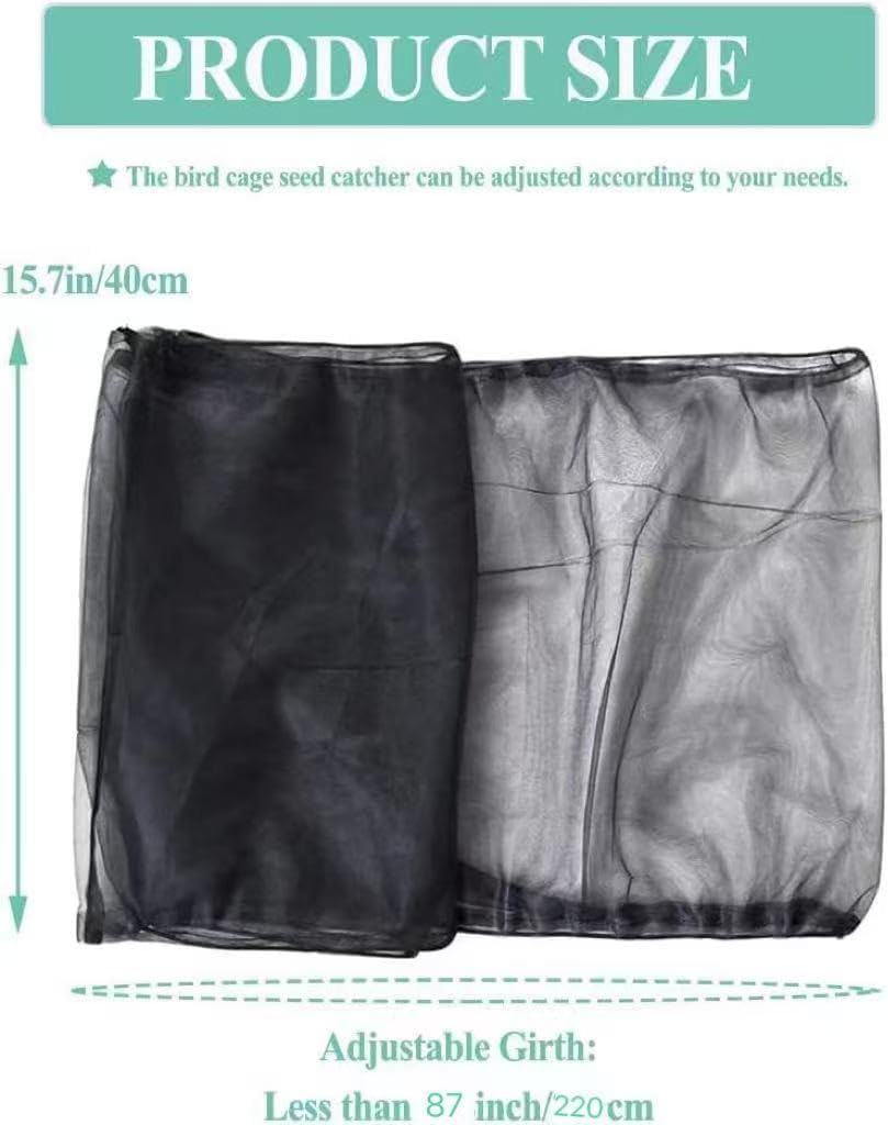Bird Cage Seed Catcher Adjustable Bird Cage Cover Soft Nylon Mesh Net with Drawstring Birdcage Skirt Feather Guard for round Square Cages (Black, 87 * 15.7In/220 * 40Cm) image number 4