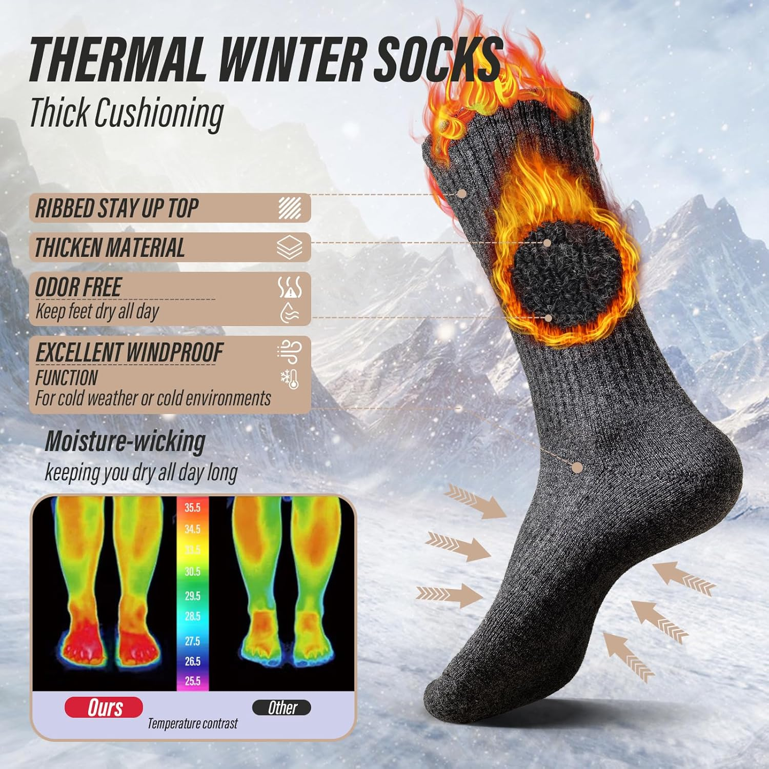 Viiotu Men'S Merino Wool Socks 3-Pack, 95.5% Merino Wool Warm Soft Breathable Moisture-Wicking Antibacterial Durable Merino Wool Socks Men Wool Socks