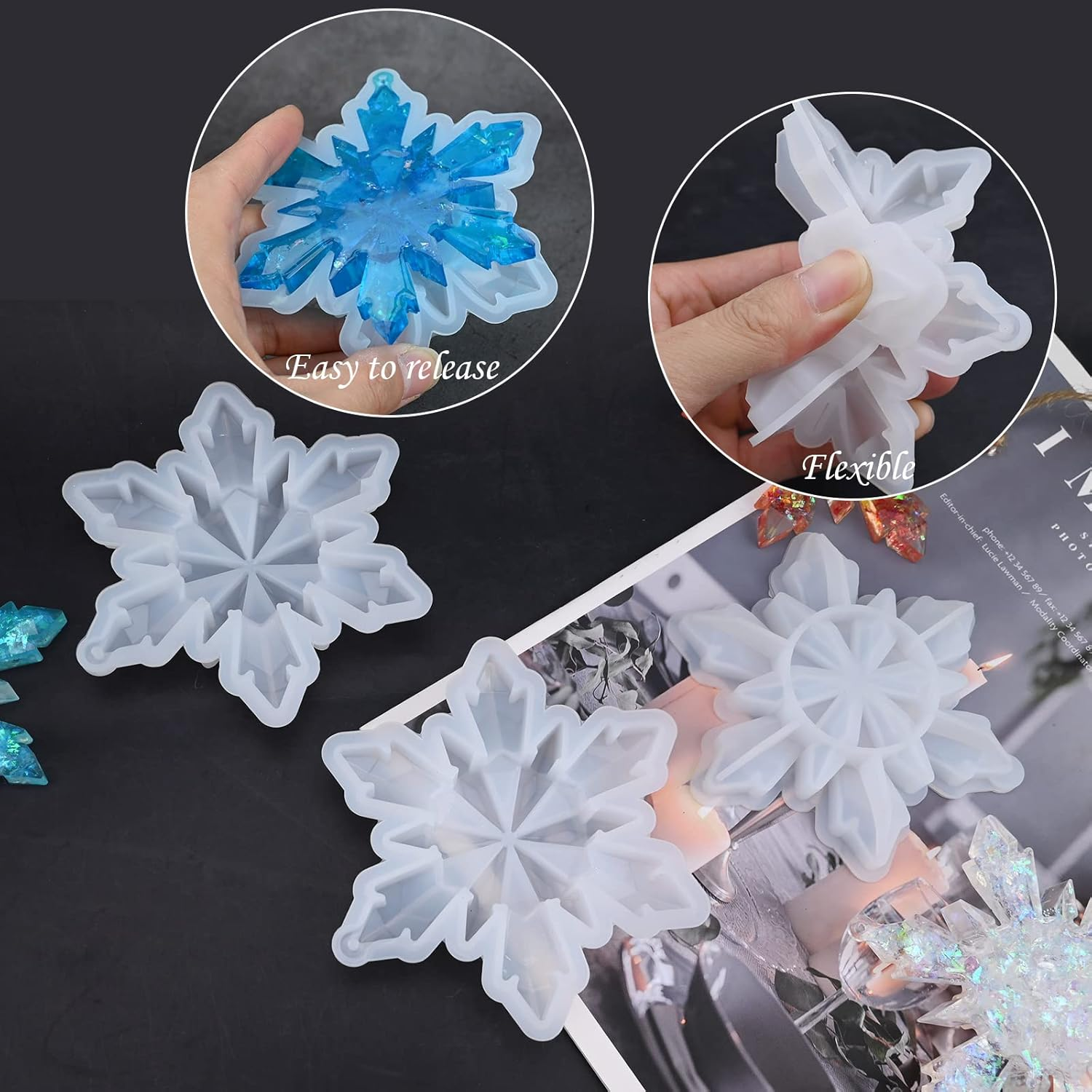 Sakolla 5 Pieces Christmas Silicone Resin Molds 3D Snowflake Molds Silicone Epoxy Casting Resin Mould for DIY Christmas Ornament Jewelry Pendant Decoration, Keychain