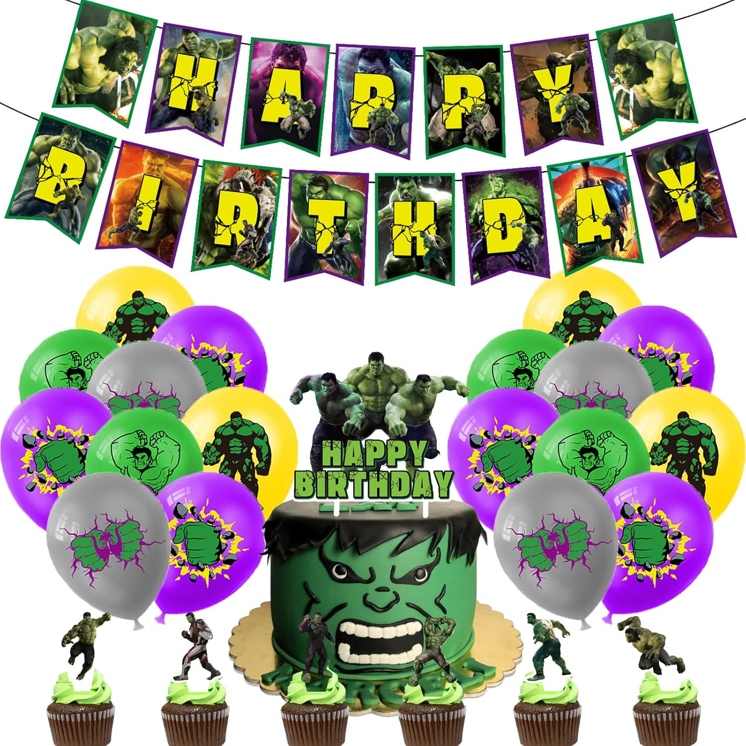 Hulk Birthday Party Decoration - Green Cartoon Balloon, Birthday Garland, Cake Topper image number 2