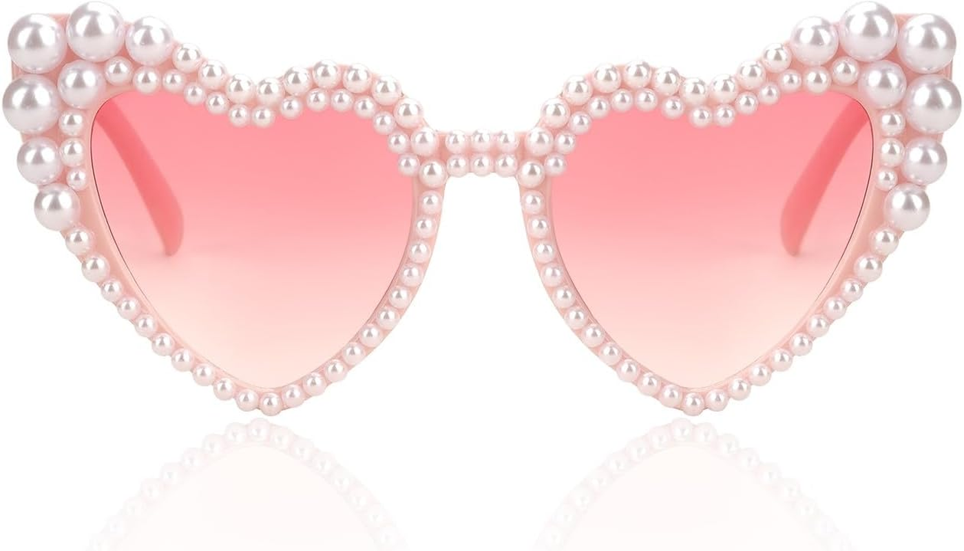 Hanj Love Heart Pearl Sunglasses for Women Rhinestone Glasses Bachelorette Party Bride Sunglasses