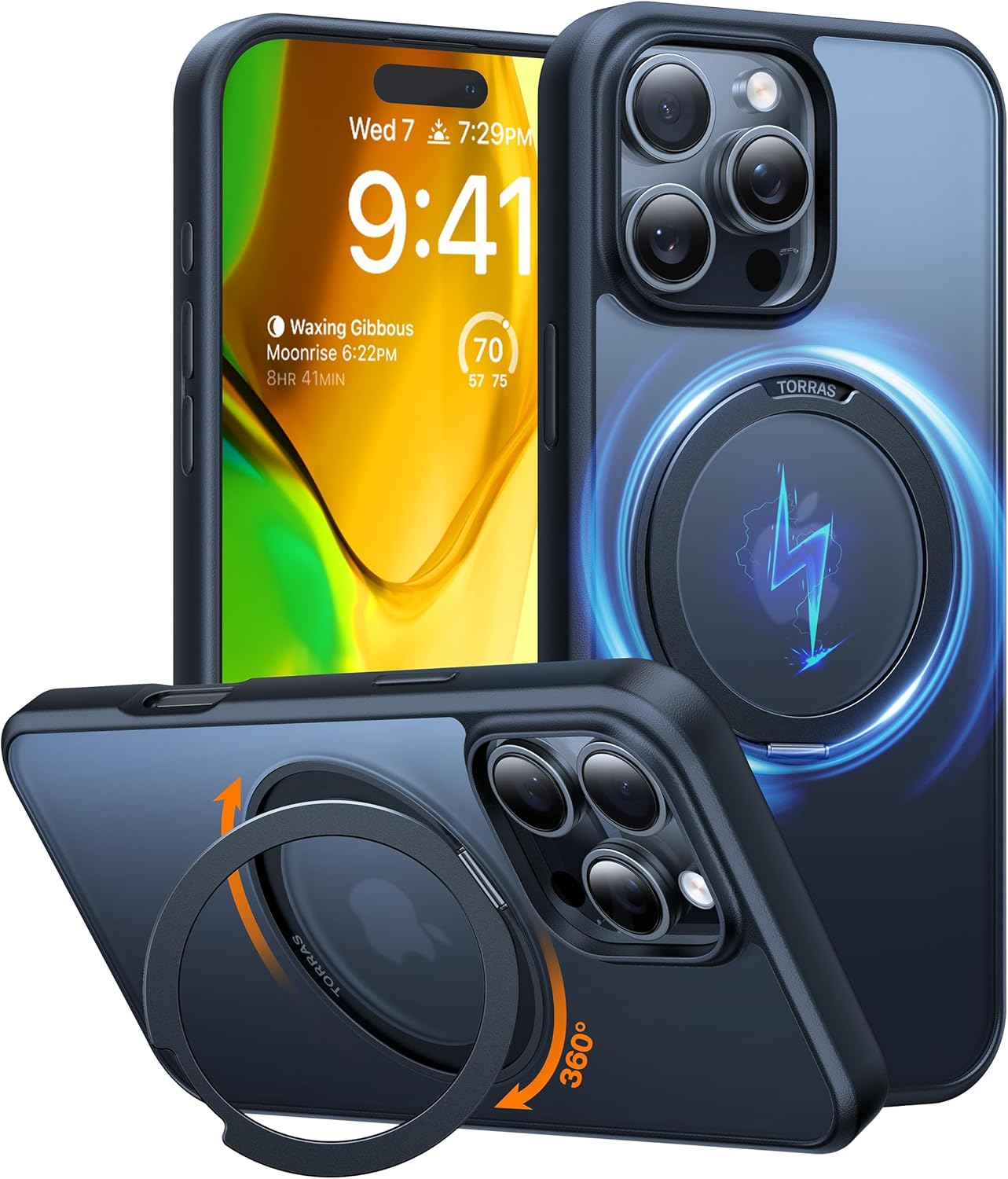 TORRAS 360&deg;Rotatable Magnetic Ring for Iphone 16 Pro Case, Fit for Magsafe with Stand & Ring Holder, 16FT Military Grade Shockproof Translucent Back for Iphone 16 Pro, Black