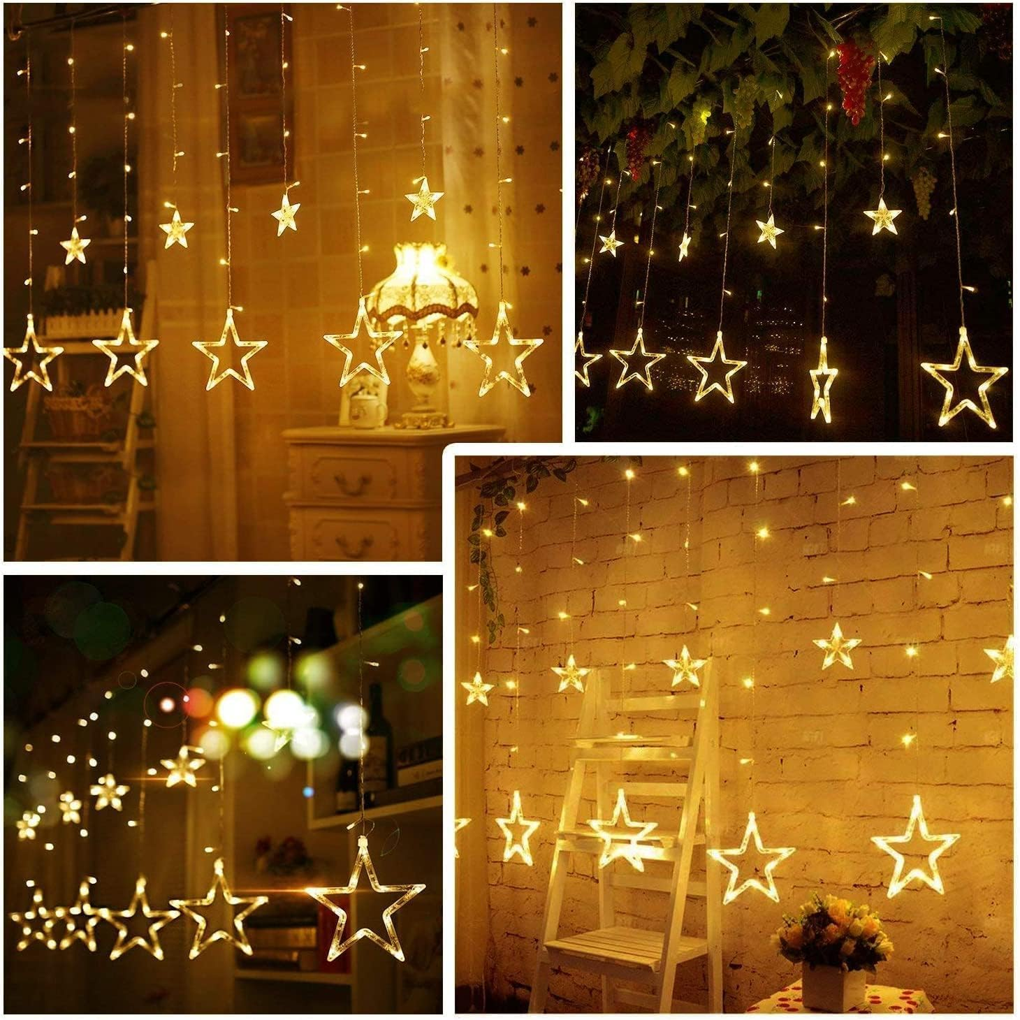 Quntis Christmas Fairy Lights - 138 LED 12 Star Connectable Curtain Window Lights with 8 Mode Indoor Waterfall Light Hanging Backdrop for Bedroom Wedding Party Wall Decoration, Warm White image number 3