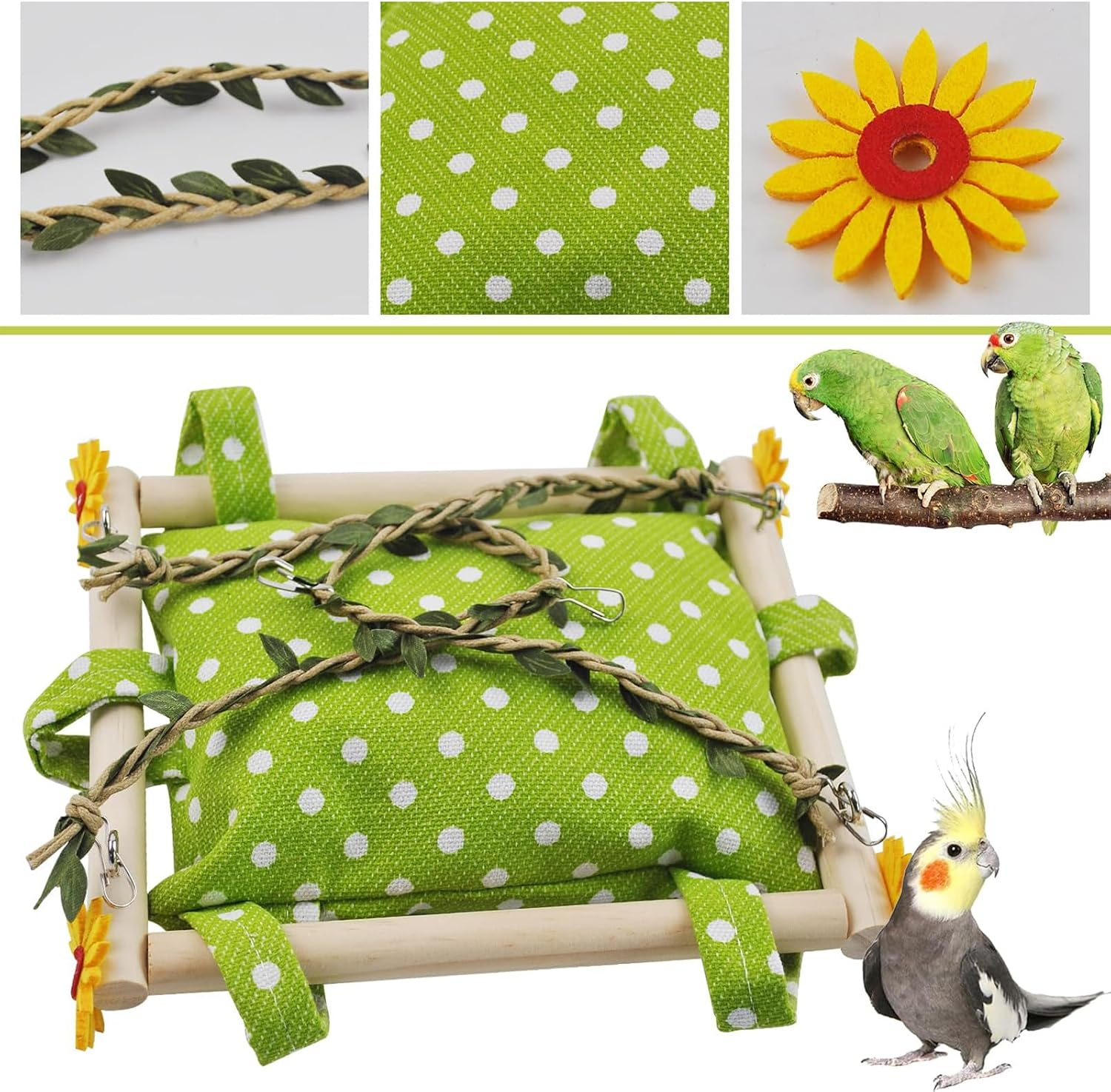 Cozioz Bird Climbing Hammock with Hanging Nest, Wooden Perch Swing & Bell Toy, Ideal Cage Accessories for Parrots, Parakeets, Cockatiels, Conures, and Cockatoos image number 4