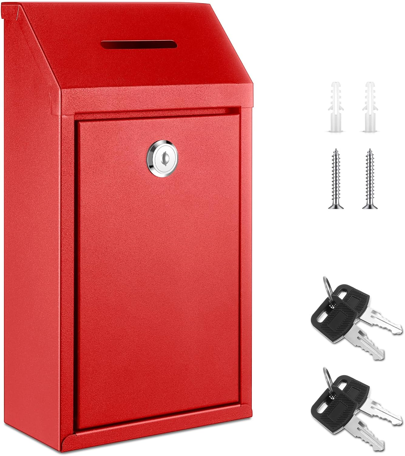 Metal Donation Cash Box Collection Safe Suggestion Box with Lock Wall Mounted Mailbox Delivery Ballot Container for Home Office Outdoor Door(Red)