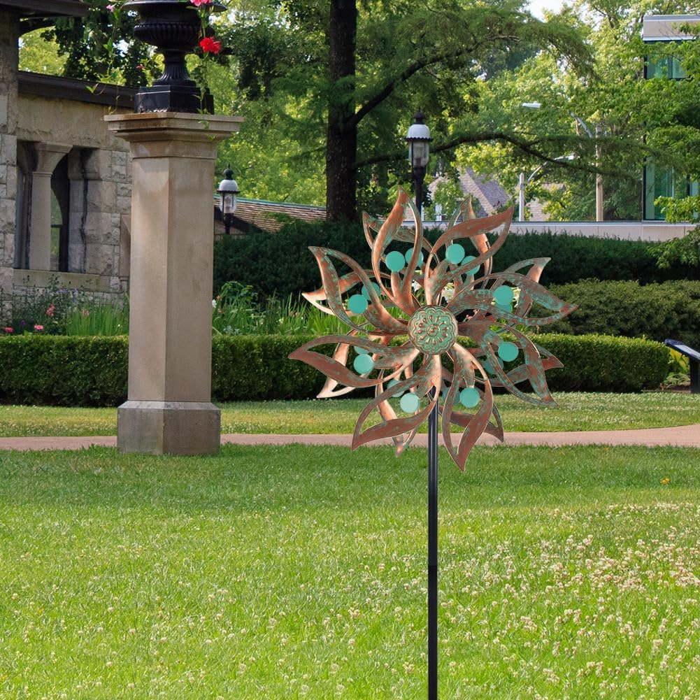 Viveta Metal Wind Spinners Outdoor,Vintage Kinetic Wind Spinner Garden Pinwheels with Metal Stake for Patio,Lawn,Garden,Creative Gifts for Women, 59 * 13.4 Inch, Rusty Red-Green image number 2