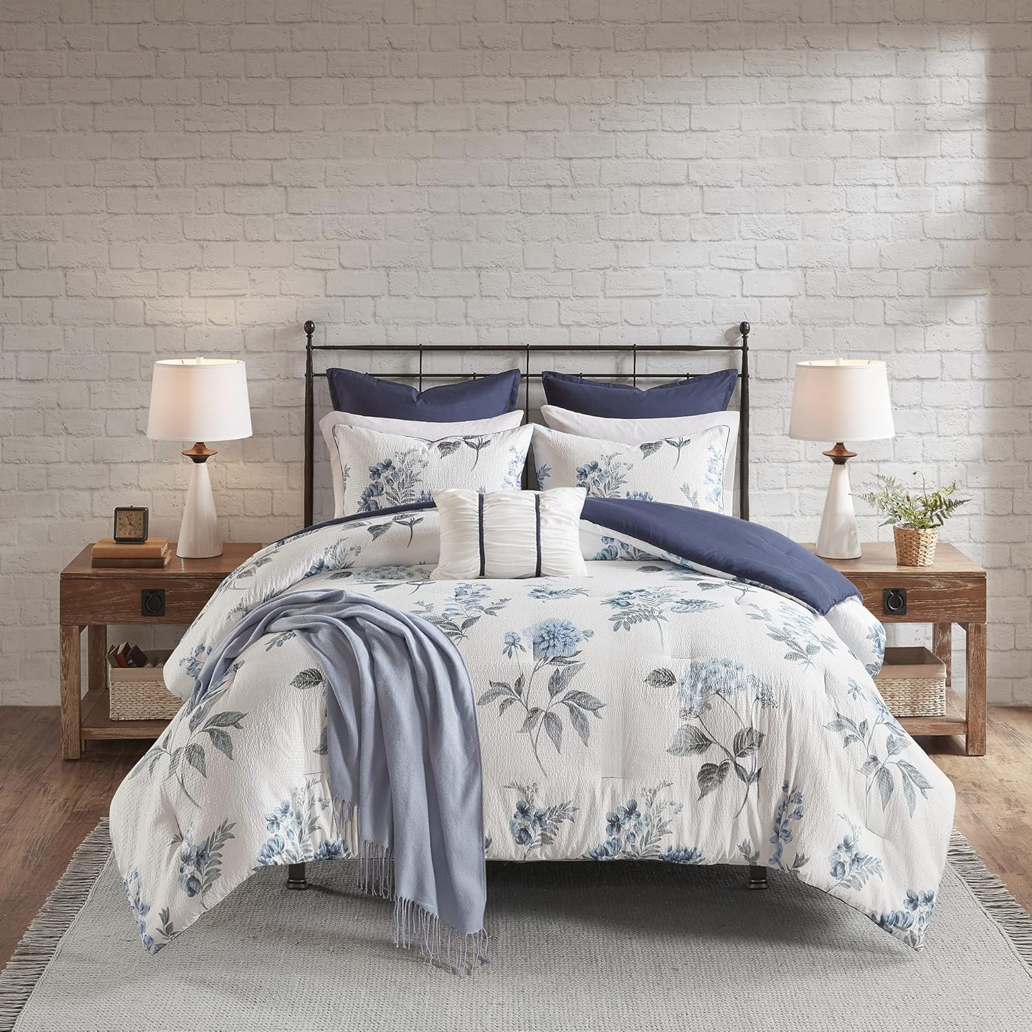 Madison Park Marina Comforter Quilt Combo Set - Modern Luxury Design, All Season down Alternative Bedding, Matching Shams, Decorative Pillows, King/Cal King(104"X92") Seersucker Blue 8 Piece