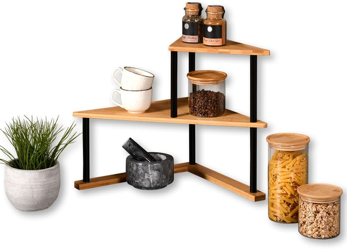 Kesper Kitchen Corner Shelf with 2 Levels, Material: Bamboo, Dimensions: W 52 X H 39 X D 29.5 Cm, Colour: Natural, Black, 58808