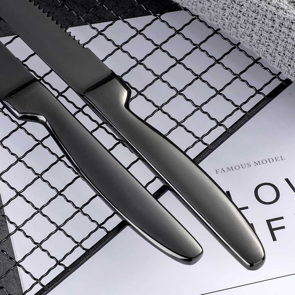 BYEGOU Stainless Steel Serrated Steak Knife Set of 6, Black Color Heacy Duty Dinner Table Knives for Cutting Meat, Beef, 8.6 Inch, Dishwasher Safe - Black image number 2