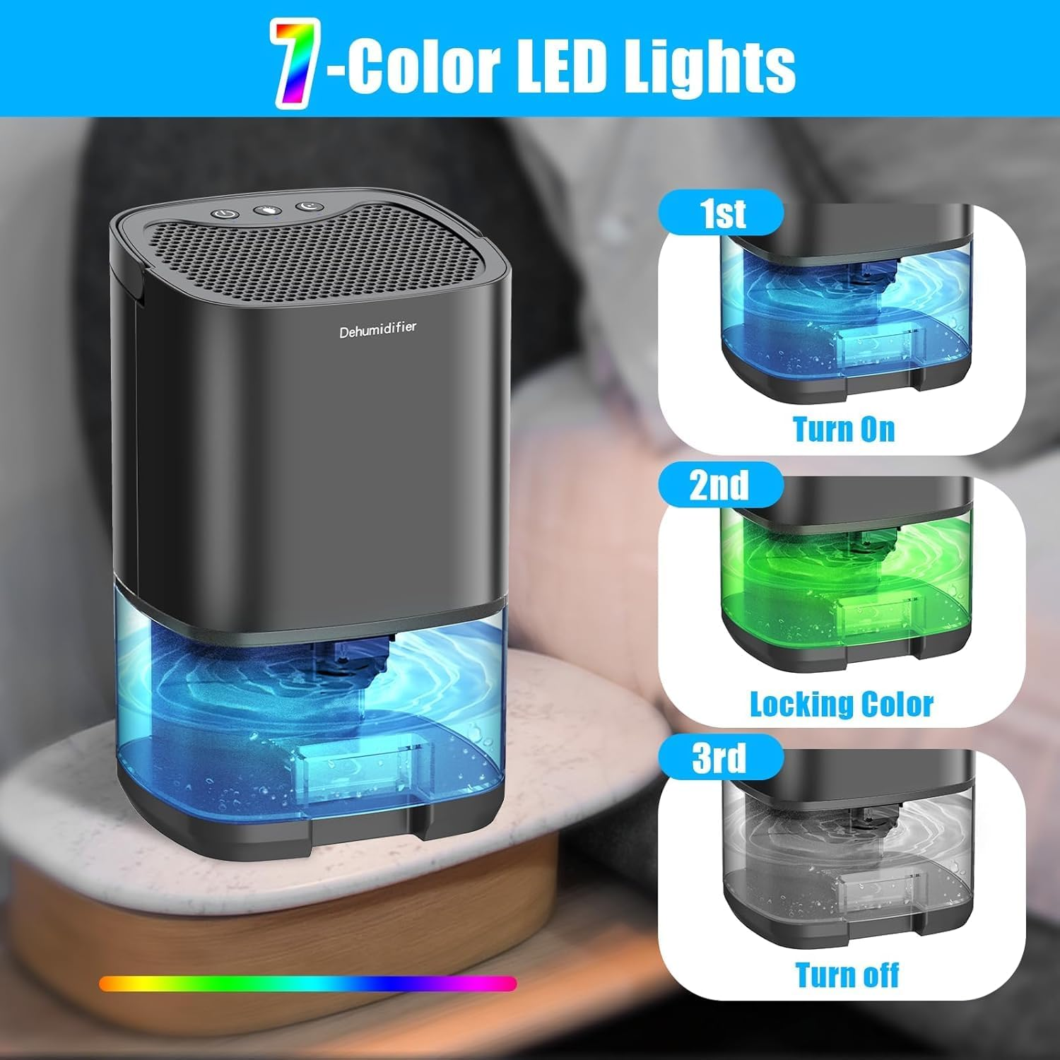 Small Dehumidifier for Home &ndash; Ultra Quiet Dehumidifier Moisture Absorber with Auto Shut Off, 7 LED Lights, Portable Mini Dehumidifiers for Bedroom, Bathroom, Closet, RV, Black image number 3