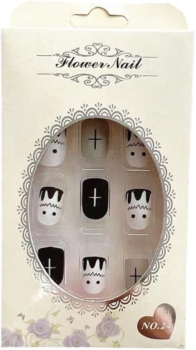 Ztcily False Nails Short Square Matte Black and White False Nails Halloween Punk Style for Women Girls Gift Accessories image number 4