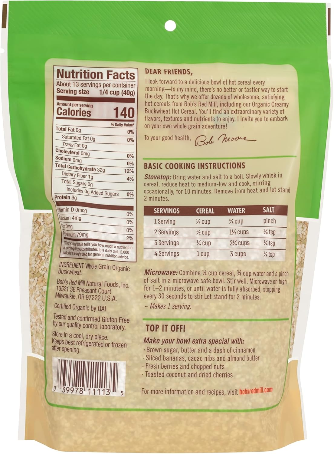 Bob'S Red Mill Bob'S Red Mill Organic Creamy Buckwheat Cereal 510 G, 510 G, Creamy Buckwheat