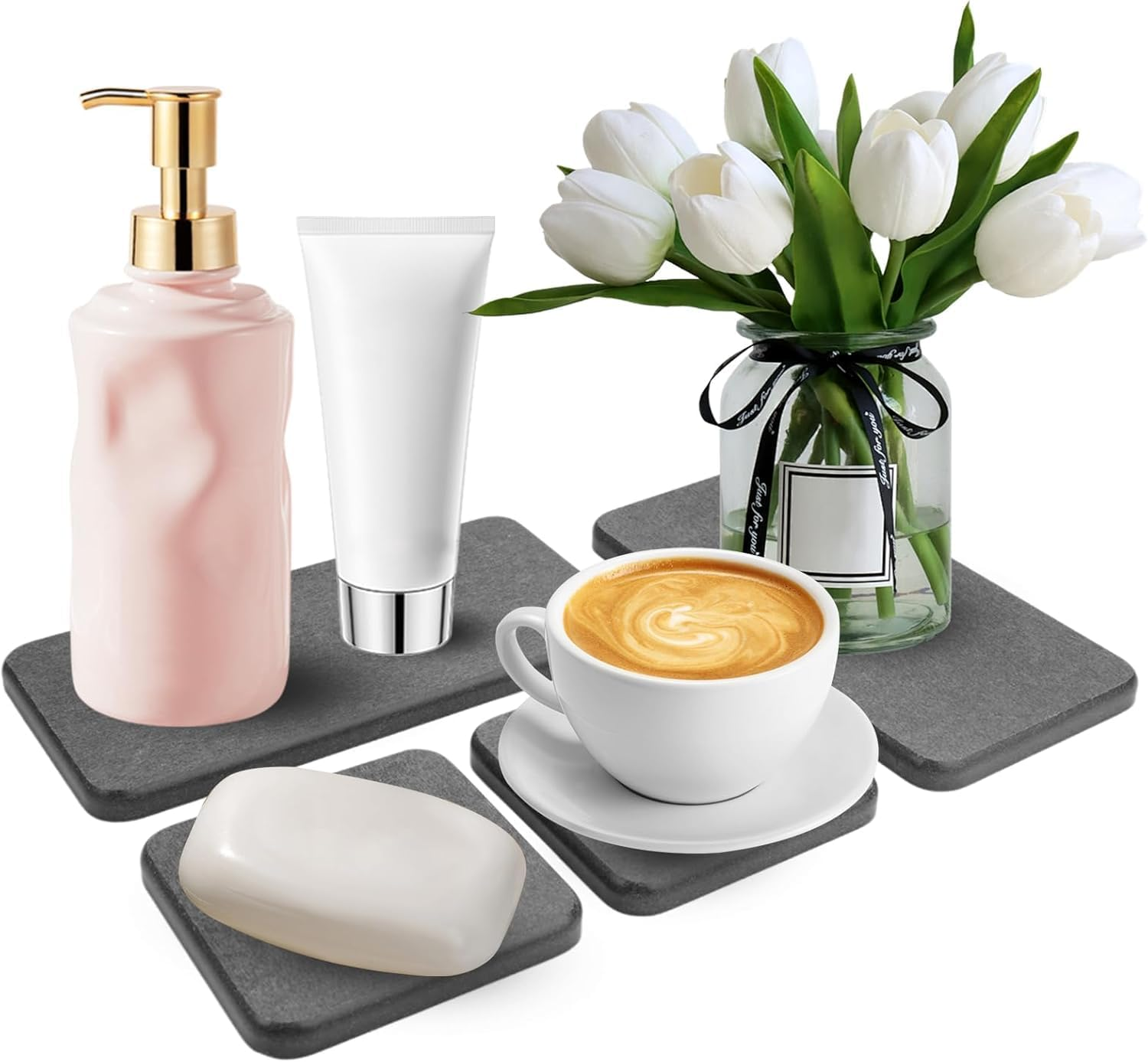 Set of 4 Water Absorbent Diatomite Coasters, Diatomaceous Earth Kitchen Soap Dish, Water Absorbing Stone Used for Hand Soaps & Plants & Toiletries in the Modern Home (White with Grooves)