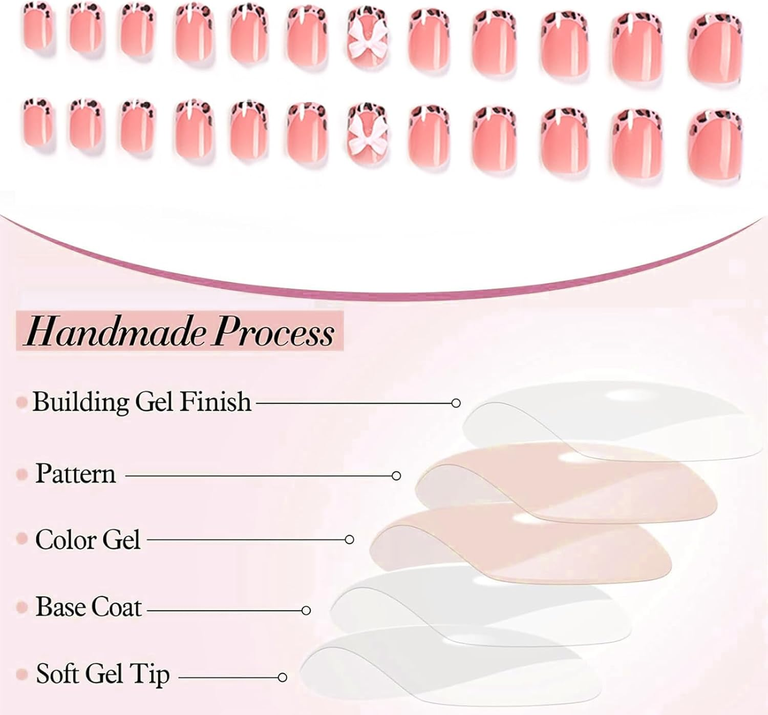 Qioon 24 PCS Leopard French Press on Nails, Short Square Nude Pink Fake Nails with Glossy Bow Designs, Full Cover Stick on False Fingernails for Women and Girls, Cute Manicure Decorations image number 5