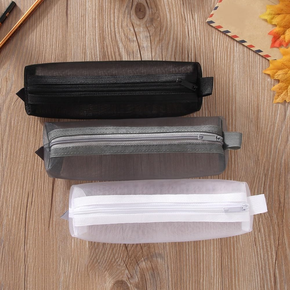Mesh Pen Bag, 3 Pack Zipper Mesh Pouch, Multifunctional Clear Pencil Case Organizer Stationery Storage Bag for Office Supplies Cosmetics Makeup Travel Accessories (Style1, One Size)
