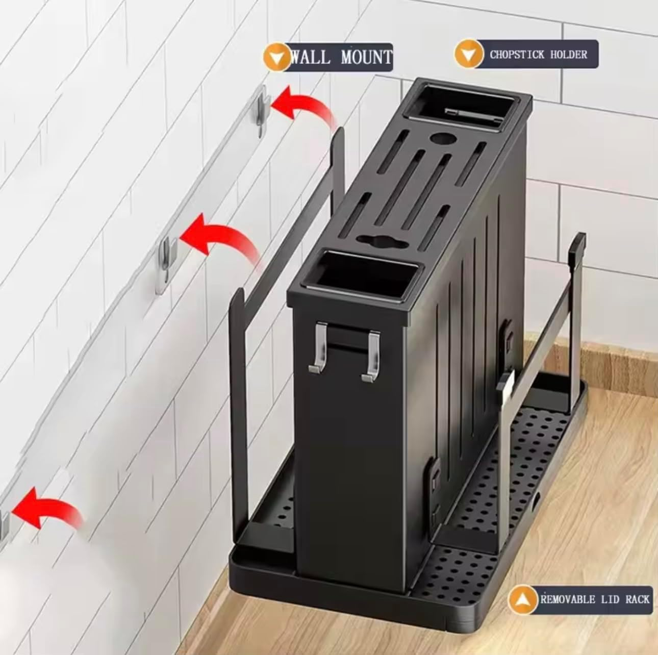 Wall-Mounted Kitchen Knife Organiser, Multifunctional Utensil Holder with Cutting Board Storage, Black image number 2