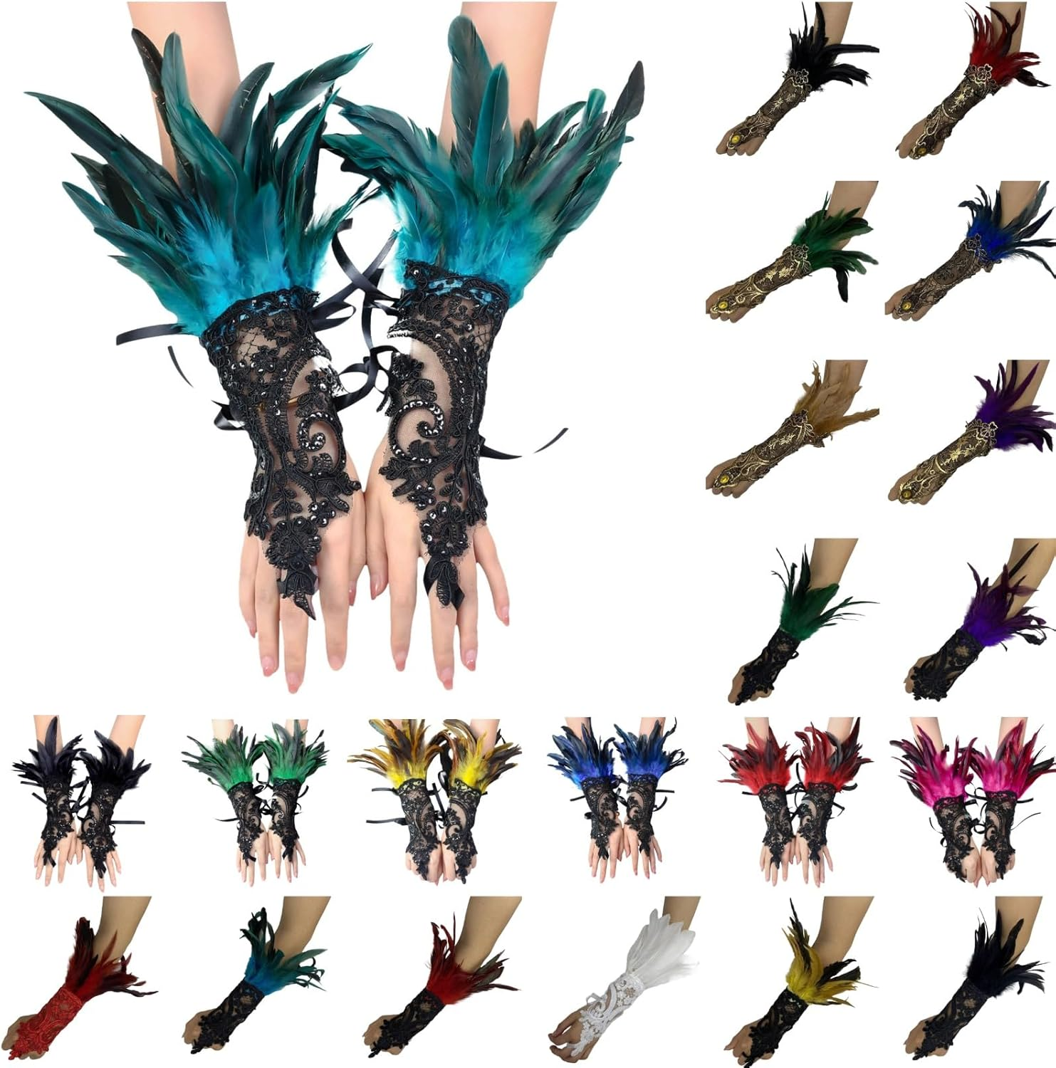 Generic Lace Feather Gloves for Women Witch Angel Costume Accessories Swan Wings Wrist Bands 1920S Sexy Black Gloves