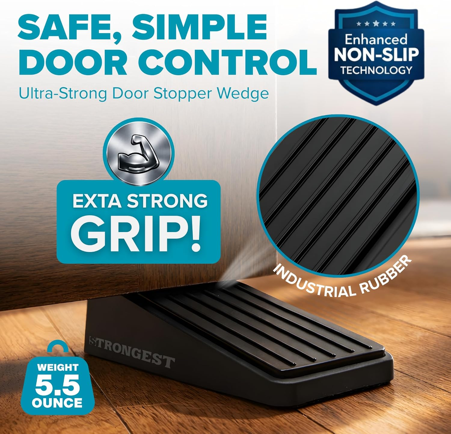 Strongest Door Stopper, Heavy Duty Door Stop Wedge Made of Premium Quality Zinc and Rubber Suits Any Door,Any Floor. Set of 2 plus Bonus Self Adhesive Wall Protectors (Black, 2 Pack) image number 7
