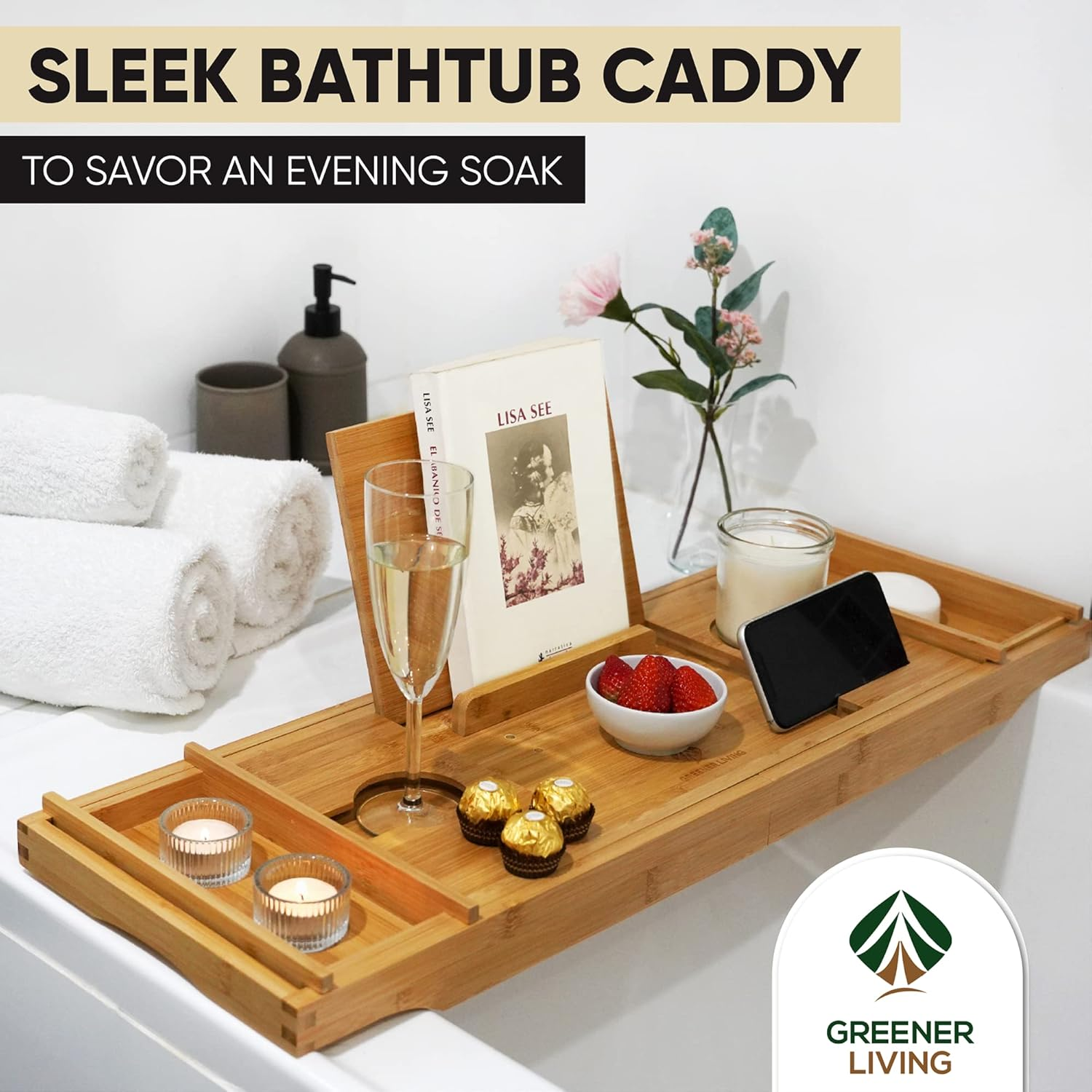 Luxury Bath Caddy Tray for Bathtub with Tablet Holder &ndash; Spa Gift Set for Women | Adjustable Bamboo Bath Tray Table &ndash; Ideal Present for Wife, Mum, Her image number 4