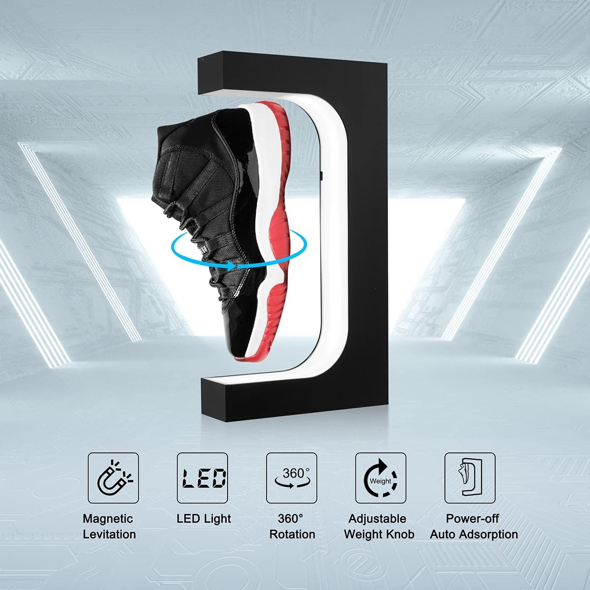 Floating Shoe Display Magnetic Levitation Sneaker Stand with LED Light Rotating Levitating Holder Rack for Shoes Collectors Advertising Exhibition Shoe Store Show Home Decoration, Black image number 4