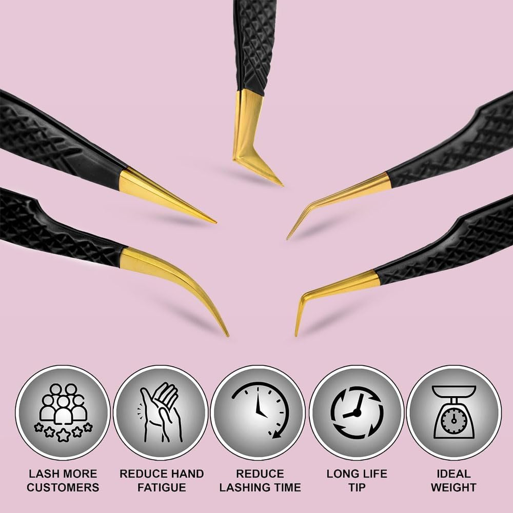 YSACRE Eyelash Extension Tweezers Set of 5 Japanese Stainless Steel Diamond Grip Lash Tweezers for Straight Curve 45 Degree 90 Degree Lash Volume Women (Pink) (Black/Gold) - Black/Gold image number 2