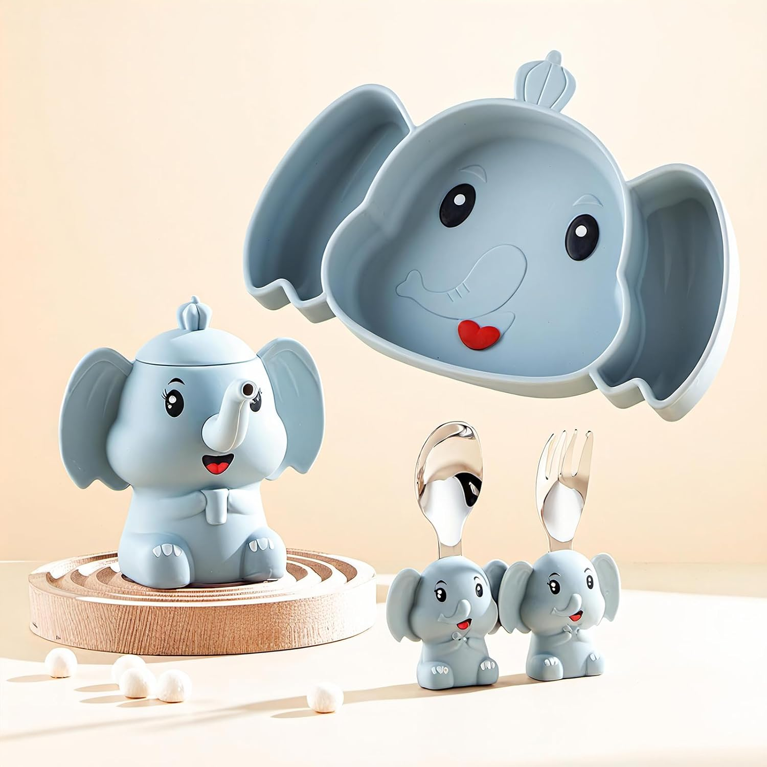 Silicone Baby Feeding Set 7PC Baby Led Weaning Supplies Self Feeding Utensils Divided Suction Dining Plate Bibs Cute Heat-Resistant Design Sippy Cup 304 Stain Steel Spoons Forks Toddler Utensil Set image number 2