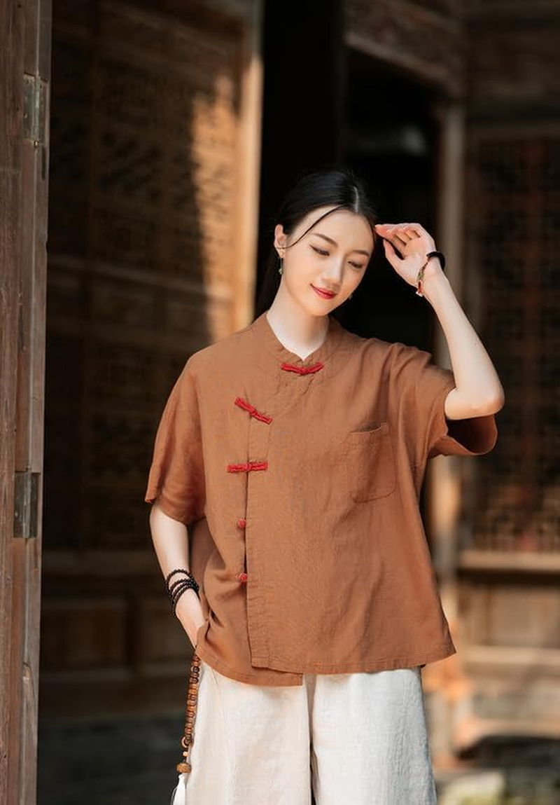 Linen Blouse Women'S Chinese Style Shirt Vintage Boho Zen Tops - Purple image number 4