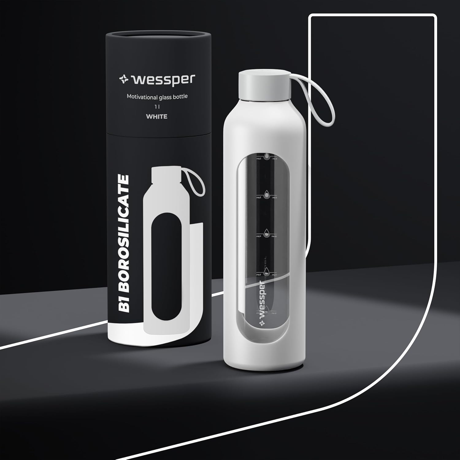 Wessper Glass Drinking Bottle, 1 Litre with Time Markings, Bpa-Free Drinking Motivation, Borosilicate Water Bottle, Airtight Glass Bottle with Bamboo Lid, Reusable, with Silicone Case, White - Gray image number 4