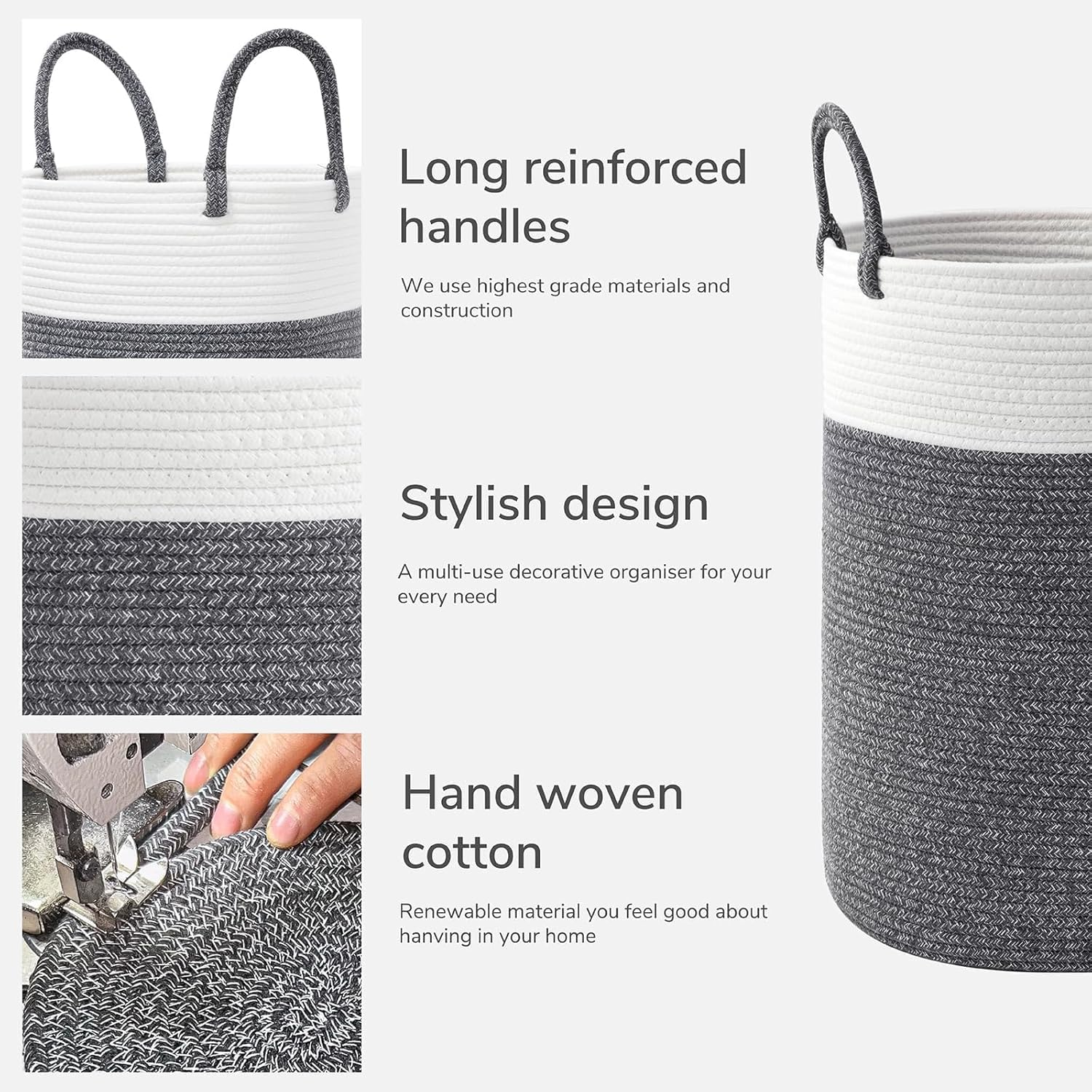 Large Laundry Hamper, Cotton Rope Storage Bin, Tall Woven Laundry Basket for Clothes and Toys, Blanket Storage, Basket for Living Room, Baby Nursery, Bathroom and Bedroom (Grey) - Grey image number 6