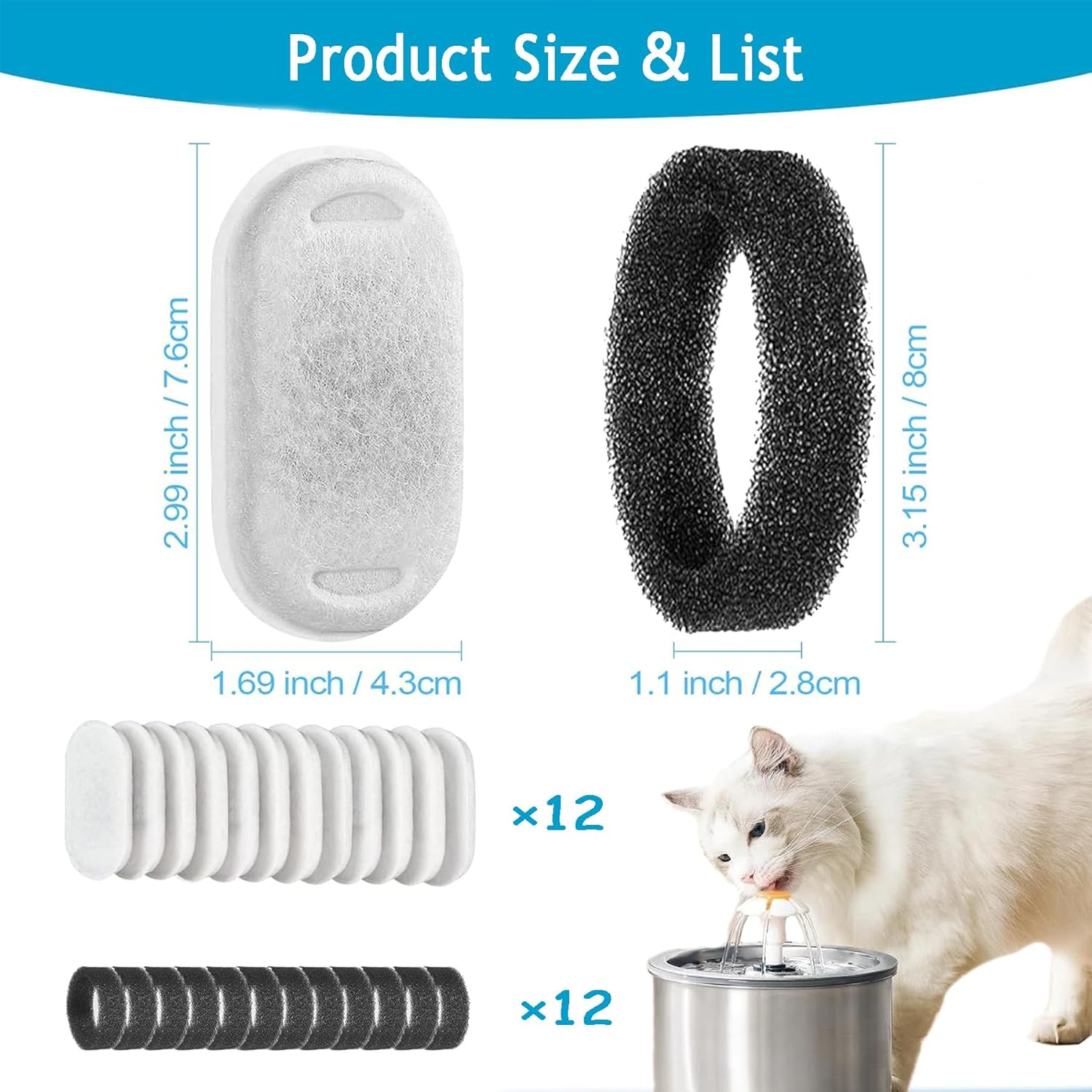 Wakouter Cat Water Fountain Filters, 24 Pack Triple Filtration System Automatic Pet Filters, 12 Pcs Carbon Filters and 12 Pcs Foam Filter, for Pet Water Fountain Filters Replacement image number 2