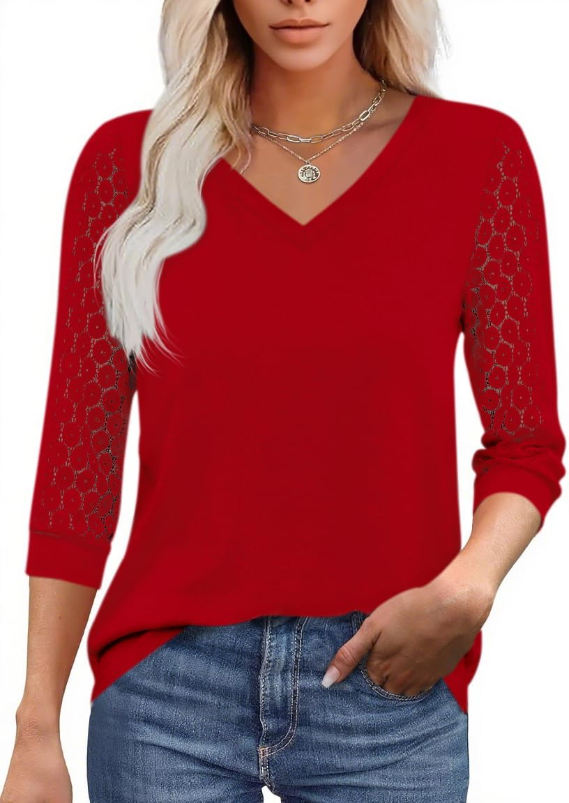 Cicy Bell Women'S Blouses V-Neck 3/4 Lace Sleeve Tops for Business & Casual Wear