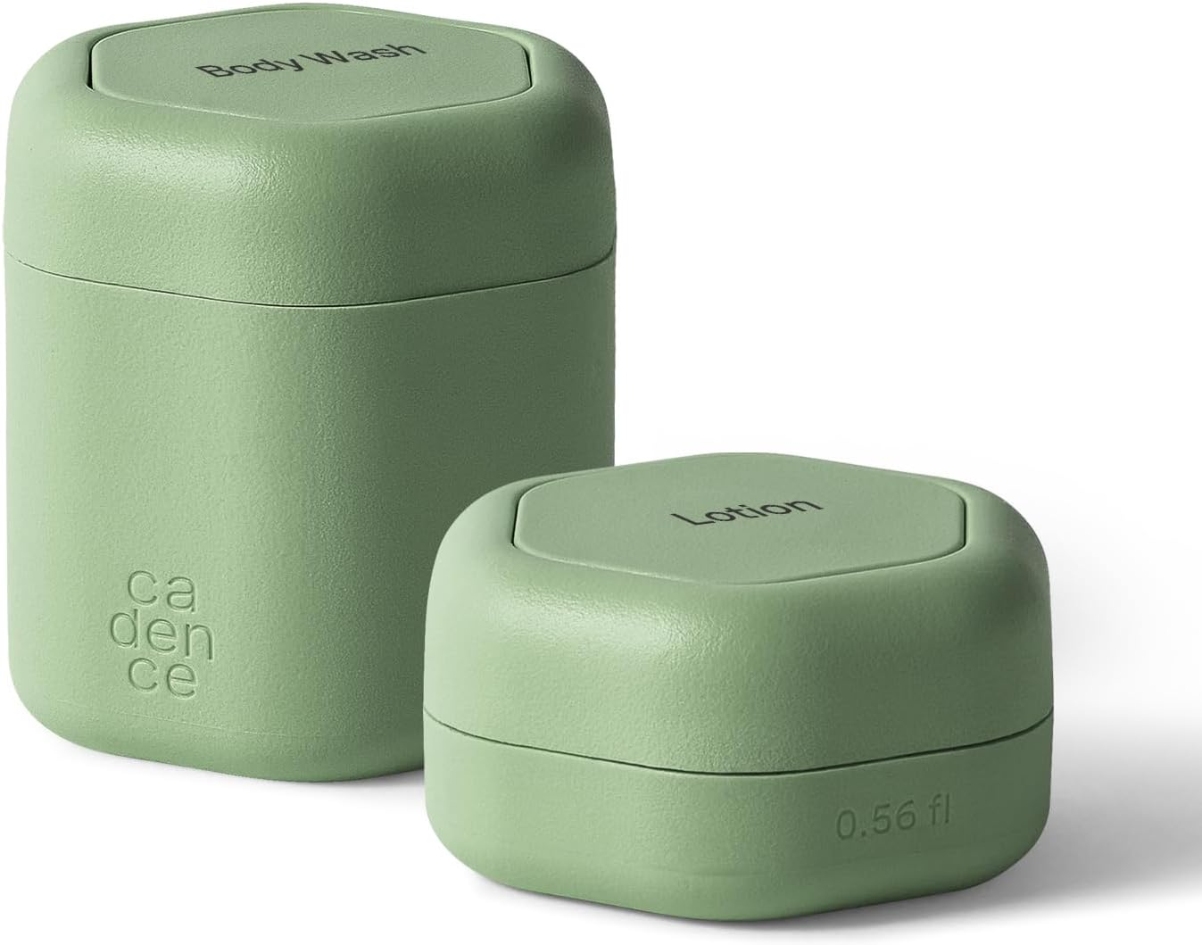 Cadence Travel Containers - 2 Piece Body Care Capsule Set - Magnetic Containers W/ Lids - Carry on Travel Essentials for Women/Men - 1 Small & 1 Medium Capsule - Body Wash & Lotion Labels - Evergreen