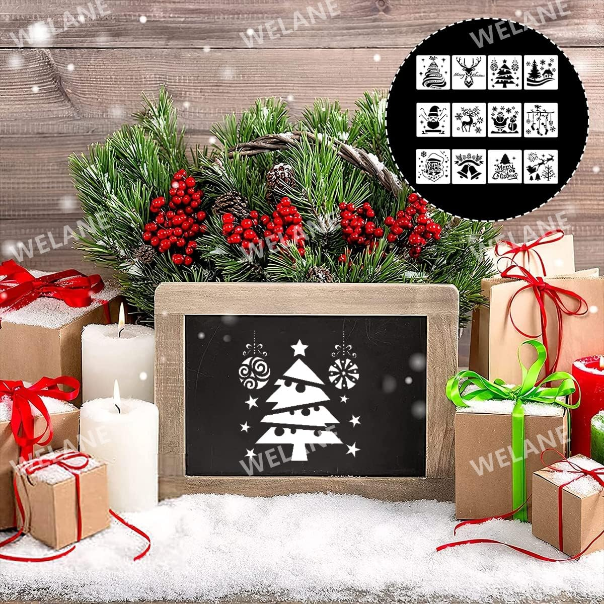 WELANE Christmas Stencils, 12 PCS Plastic Reusable Snowflakes Santa Claus Bells Merry Christmas Painting Stencils for Crafts, Cookie, Paint Decorating (13Cm/5In) image number 6