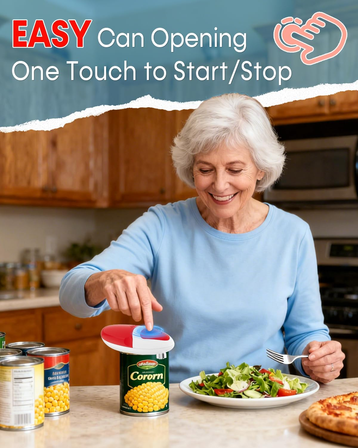 Electric Can Opener for Seniors One Touch - Easy Use, Smooth Edge Side Cut Auto Can Opener with Power Motor Fits All Can Sizes - Battery Operated, Hand Free for Kitchen by Befumly (Red) - Blue image number 6