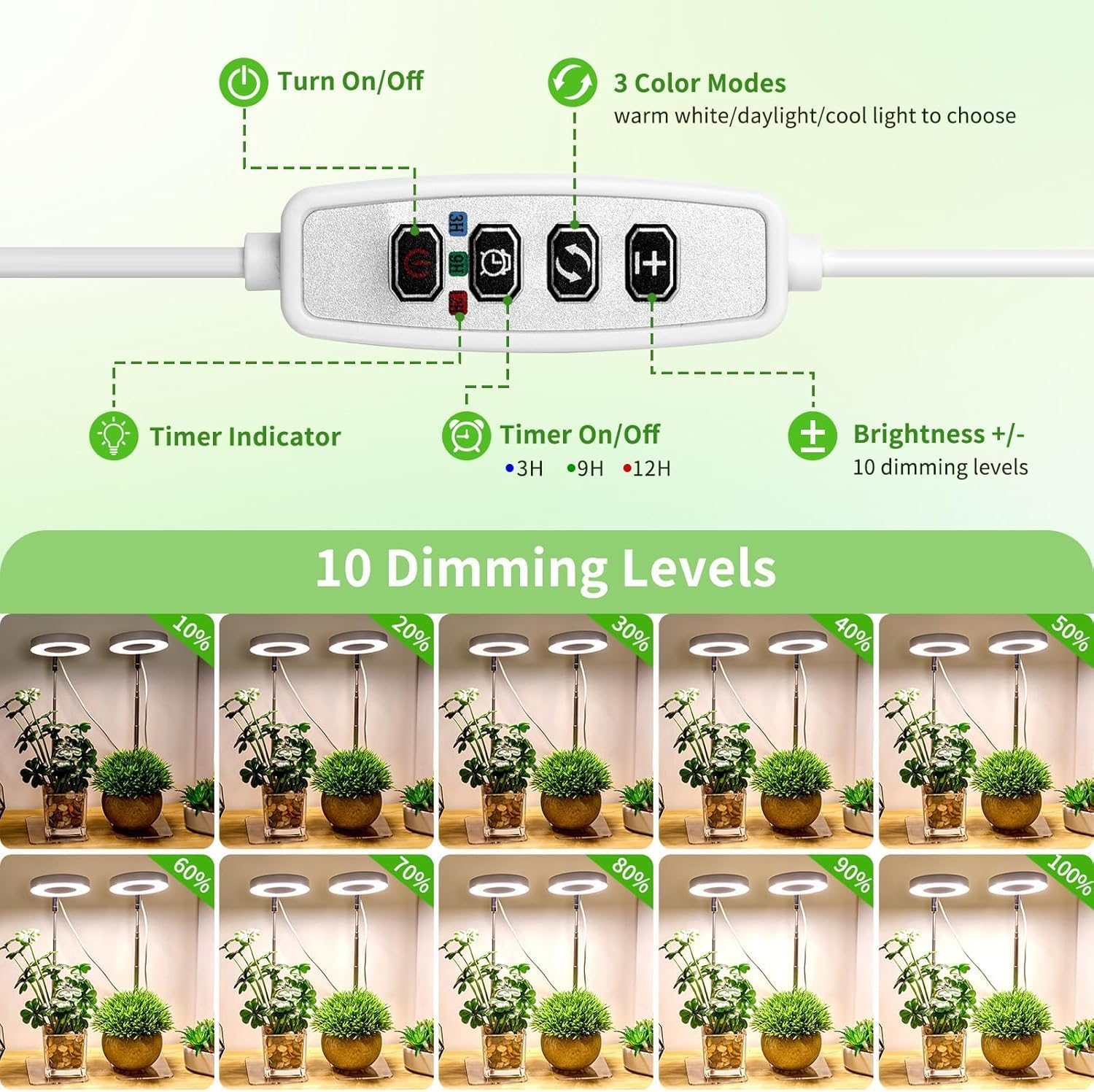 Plant Grow Light, LED Growing Light for Indoor Plants, 2 Head 48 LED Adjustable Height Growing Lamp with Timer, 3 Dimmable Brightness Levels, Low Safe Voltage, Perfect for Small Plants (White) image number 3