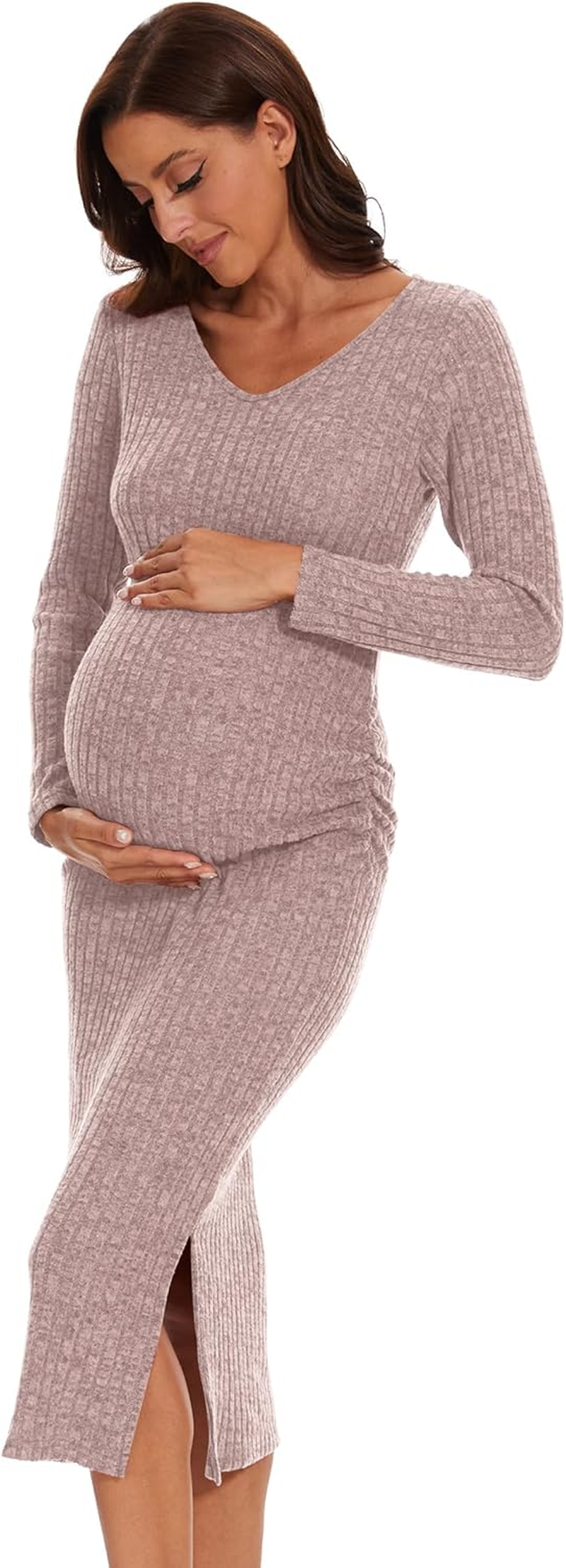 Maternity Sweater Dress,Turtleneck Ribbed Long Sleeve Maternity Dress for Casual/Photoshoot/Baby Shower image number 3