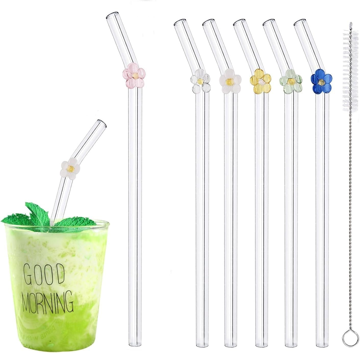 8Pcs Reusable Drinking Straws, Flower Glass Straws, Food Grade Reusable Straw with 2Pcs Cleaner Brush, Cute Clear Glass Straws with Design for Drinking Smoothies, Juices, Shakes, Cocktails