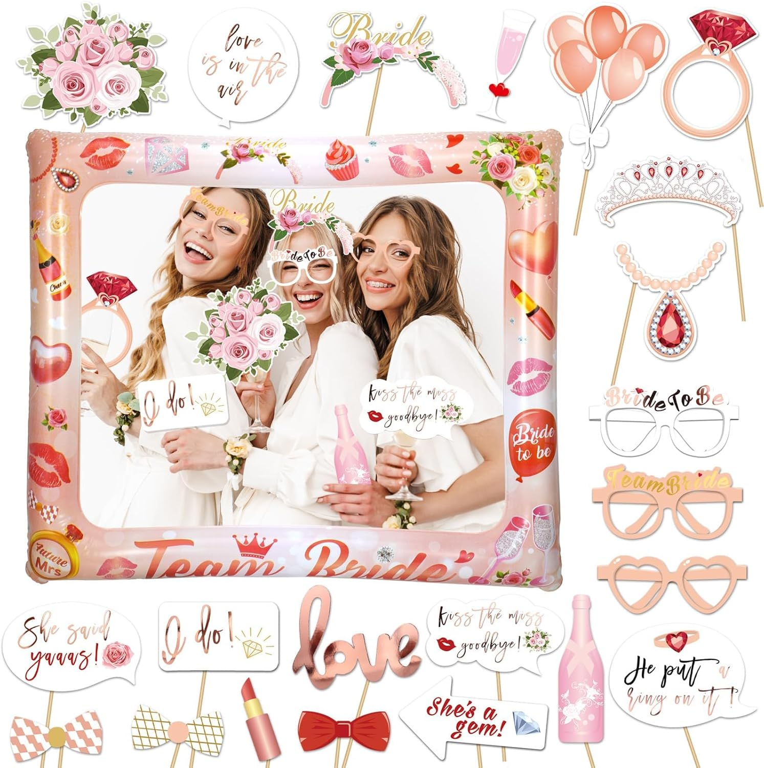 Hapurs 23Pcs Rose Gold Hen Party Photo Booth Props - Giant Inflatable Team Bride Selfie Frame & Hen Night Do Party Games Accessories (Style A)