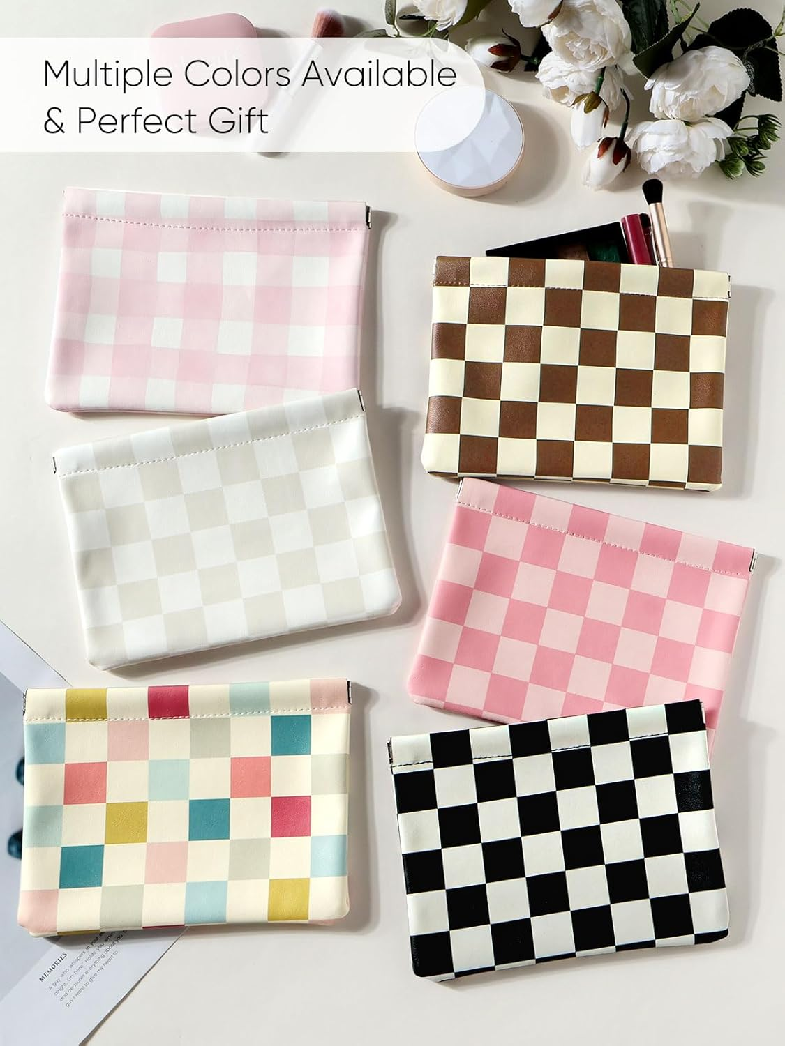 Ksriylm Rose Pink Checkered PU Leather Makeup Pouch Set for Women Cute Check Pattern Small Make up Bag for Purse Waterproof Initial Plaid Makeup Cosmetic Bags Pouches for Purse Travel Toiletry Bag - Brown image number 6