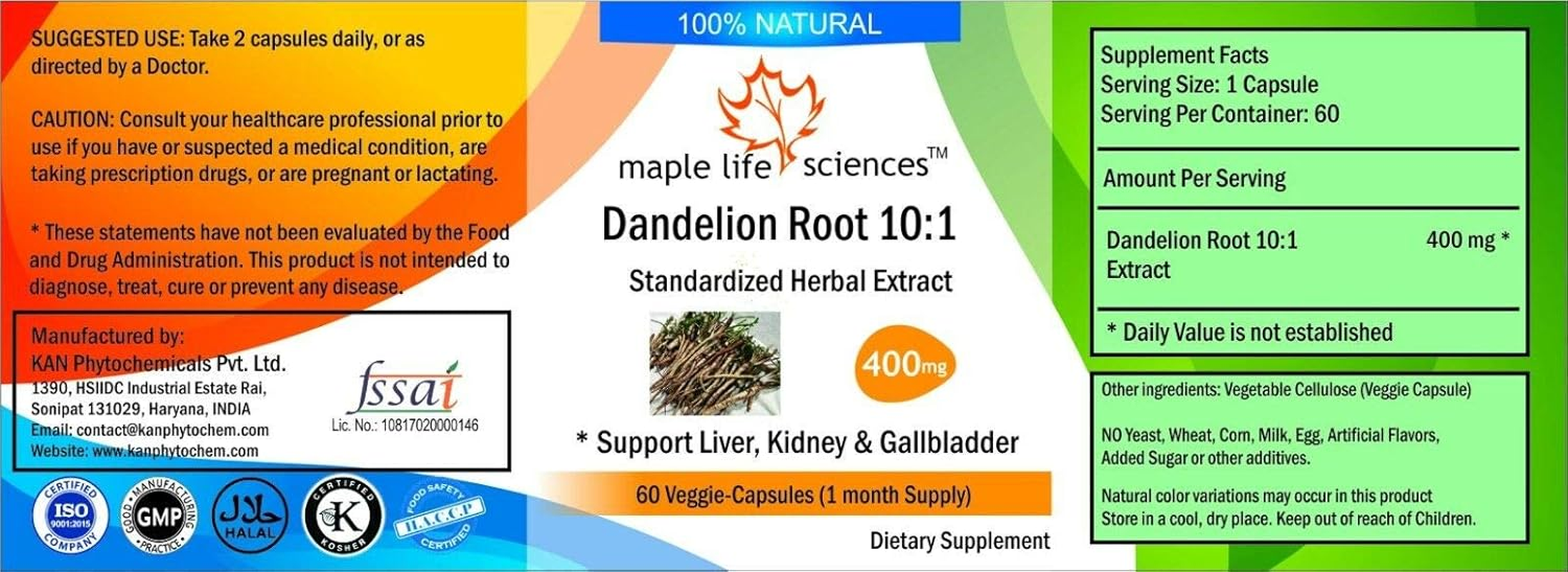 Dandelion Root 10:1 Extract - 60 Vegan Capsules - 400Mg