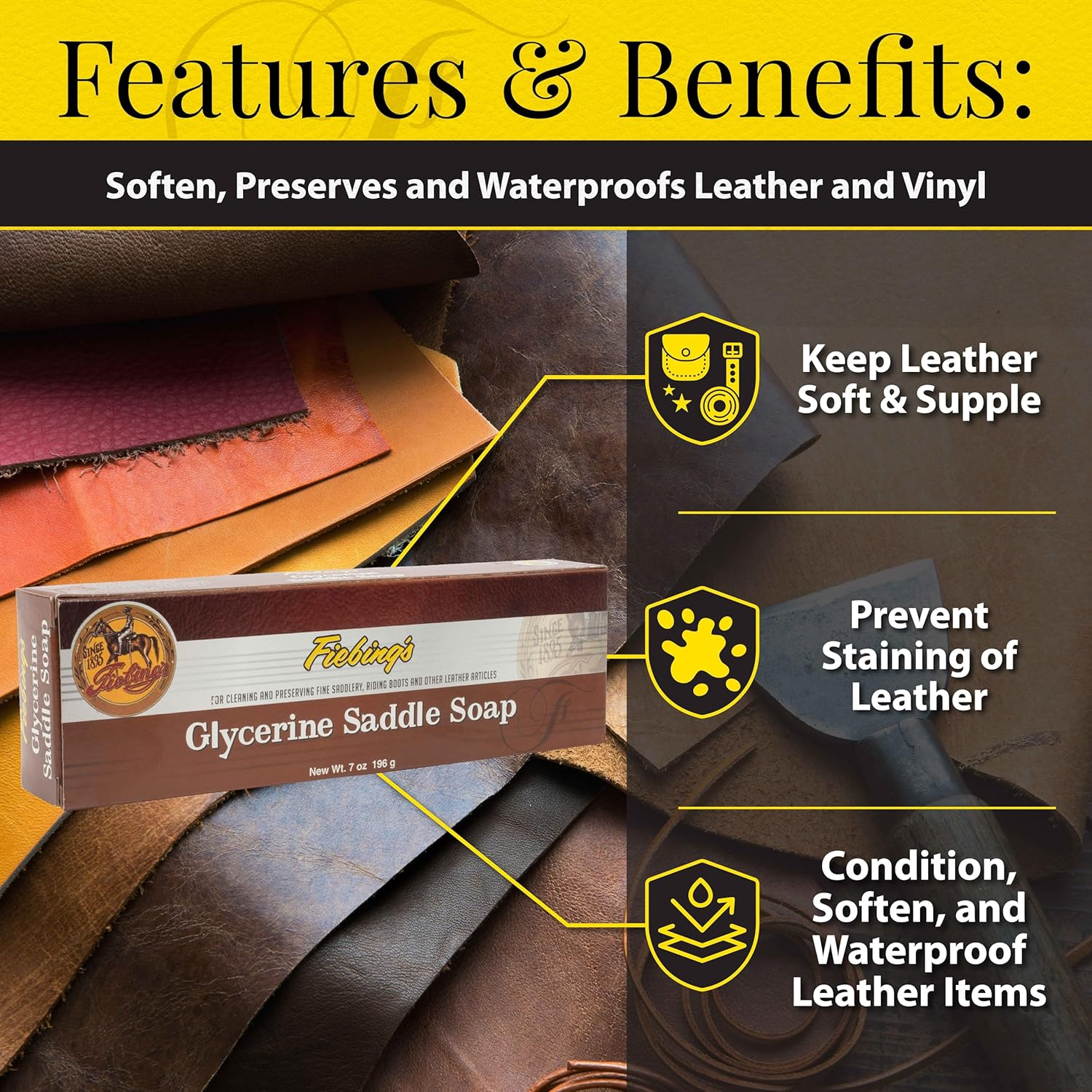 Fiebing'S Glycerin Saddle Soap Bar (7Oz) - Preserve, Restore and Clean Fine Saddlery, Riding Boots and Other Leathers - Use to Clean Leather without Drying It Out, Staining or Causing Discoloration image number 3