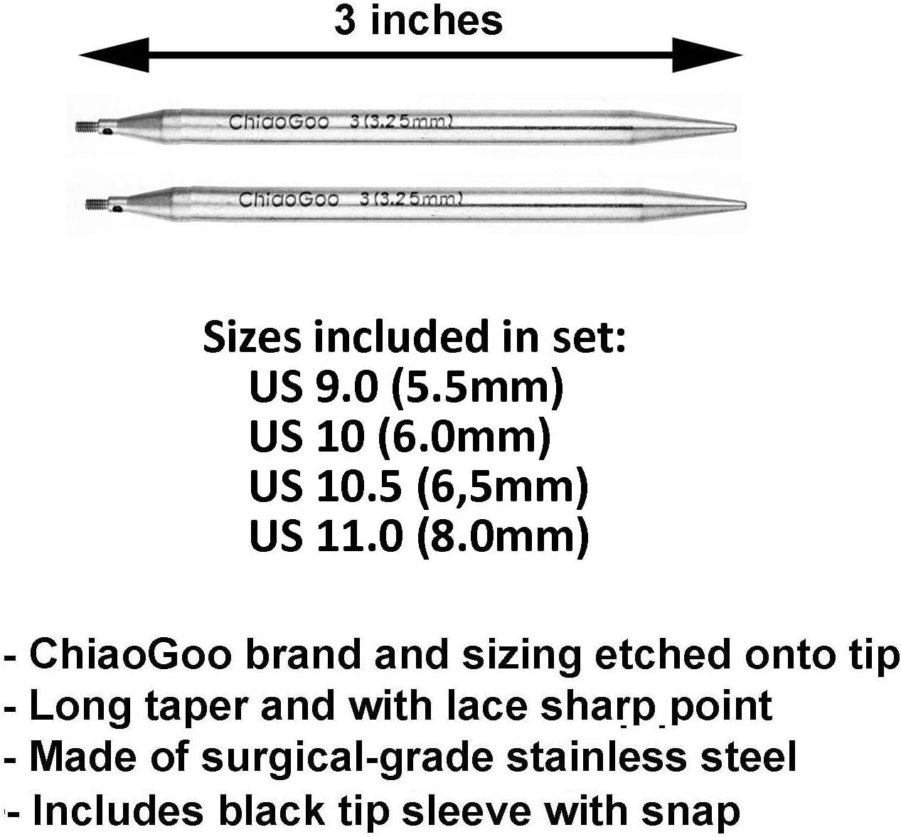 Chiaogoo Twist Red Lace Shorties 3-Inch Large Yellow 7230-L Interchangeable Knitting Needle Set, US 9, 10, 10.5, 11 Stainless Steel with 3 Swiv360 Cables Bundle with 1 Artsiga Crafts Project Bag image number 2