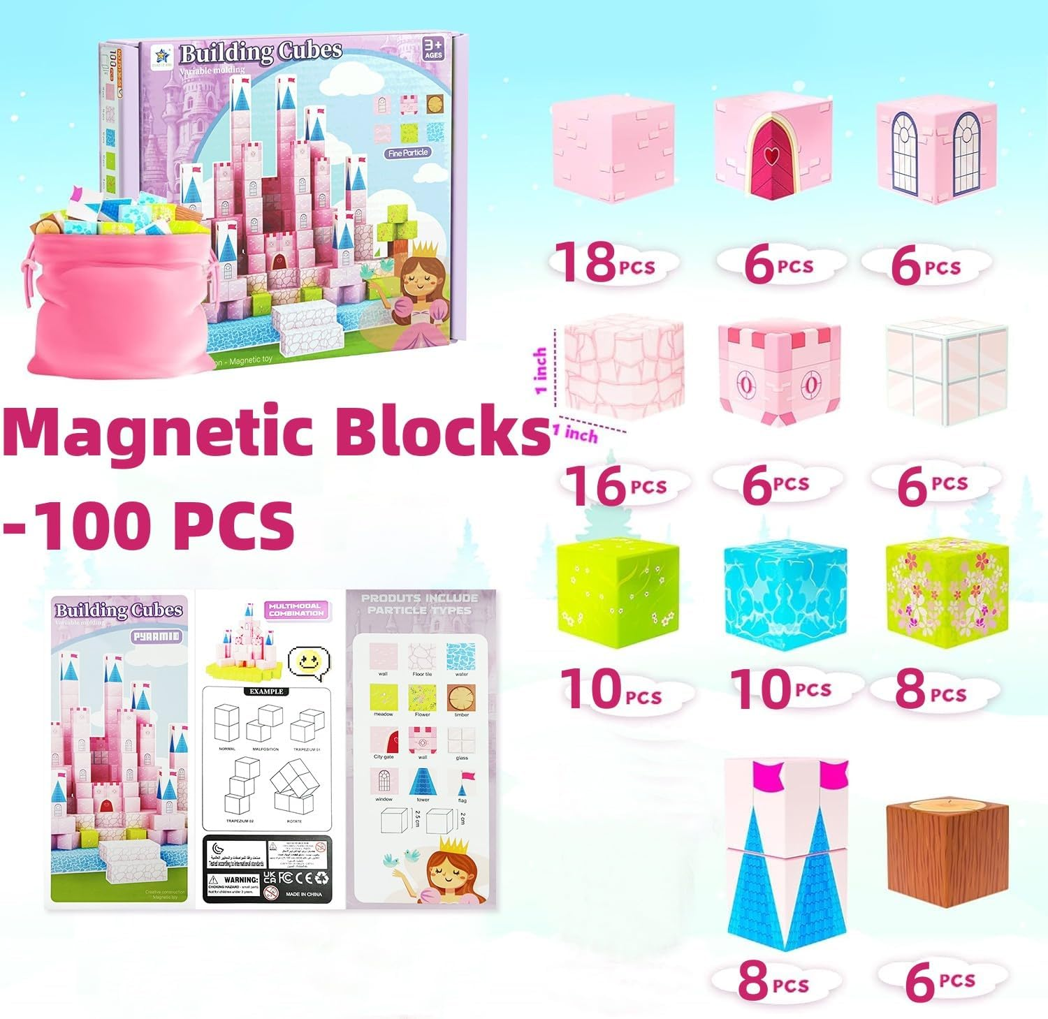 Magnetic Blocks-100Pcs Magnetic Blocks Princess Toys,Build Mine Magnet World,Stem Sensory Magnetic Building Blocks Construction Toys Kids,Birthday Gifts for Kids 3+Years Old,Creative Kids Games Toys image number 6