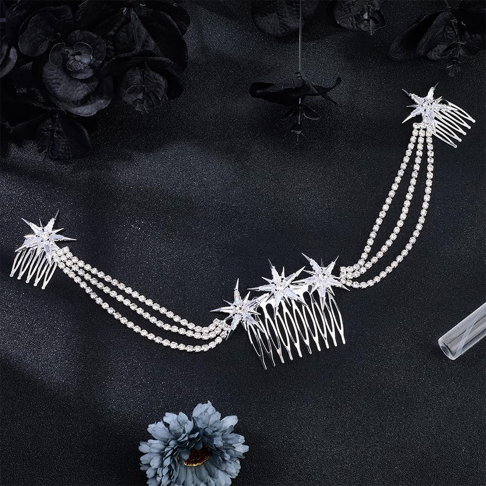 CABODYALS Silver Hair Comb with Multilayer Rhinestone and Star Fashionable Crystal Tassel Fringe Chain Tendrils Headpiece Heavenly Glitter Hair Clip Headband Jewellery for Women Wedding Party Outfi image number 1
